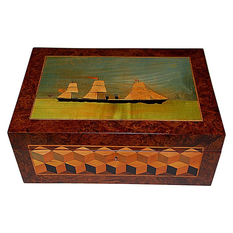 English 19th Century Trinity House Burl Walnut Writing Box Ship and Cube Inlay For Sale
