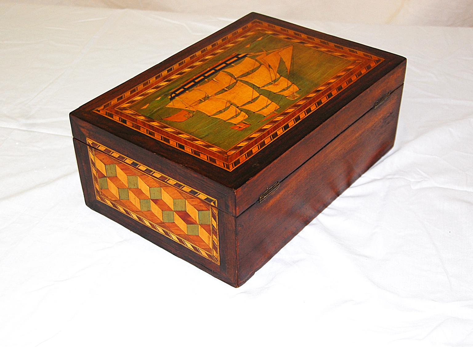 Victorian English 19th Century Trinity House Dressing Box with Three Masted Schooner Inlay