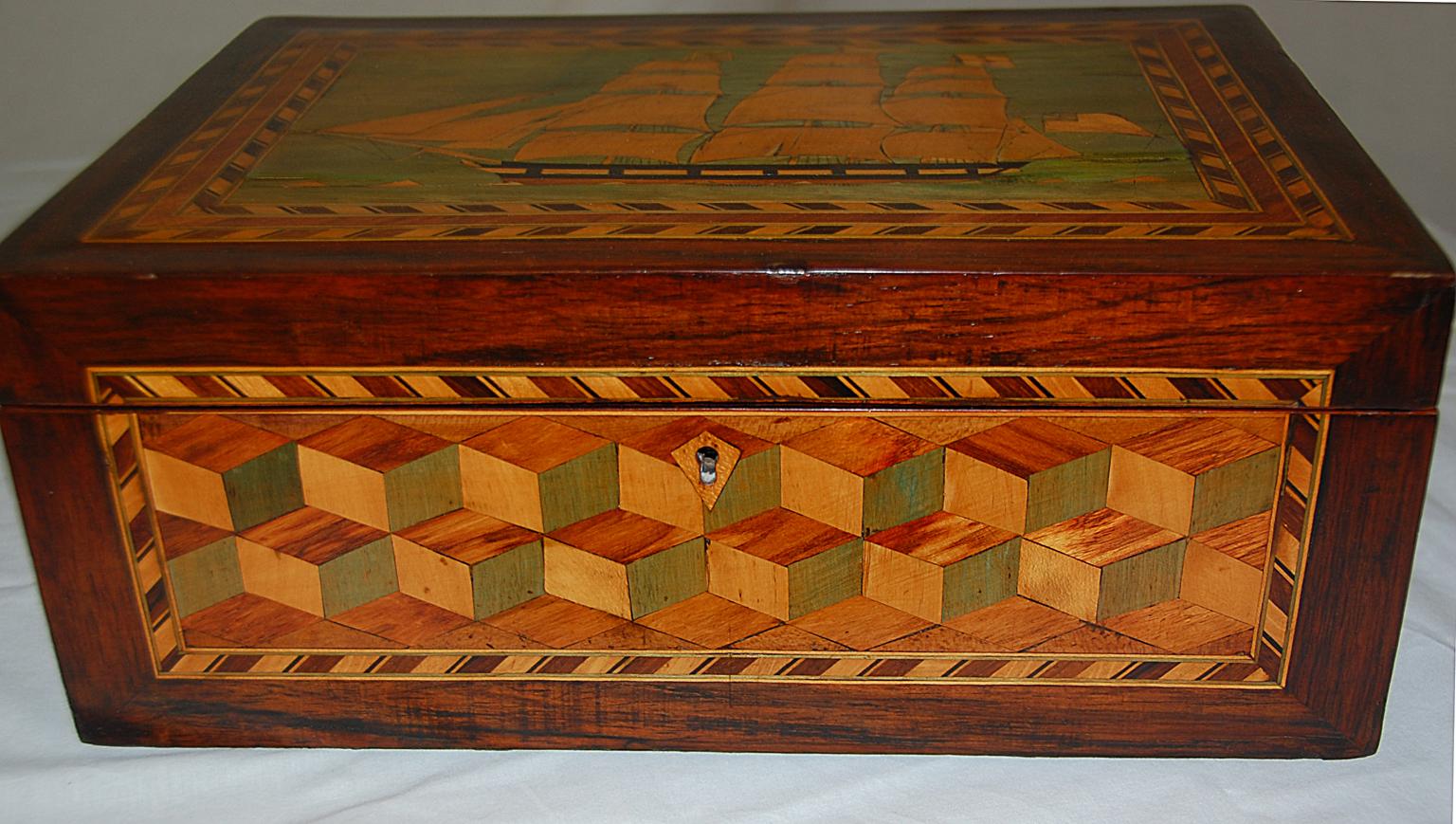 English 19th Century Trinity House Dressing Box with Three Masted Schooner Inlay In Good Condition In Wells, ME
