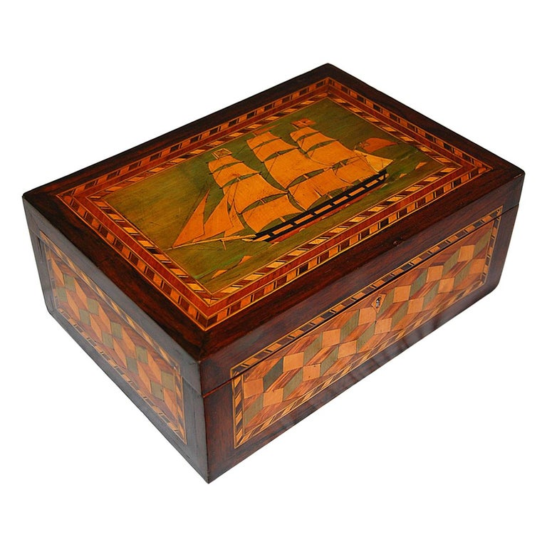 English 19th Century Trinity House Dressing Box with Three Masted Schooner Inlay For Sale