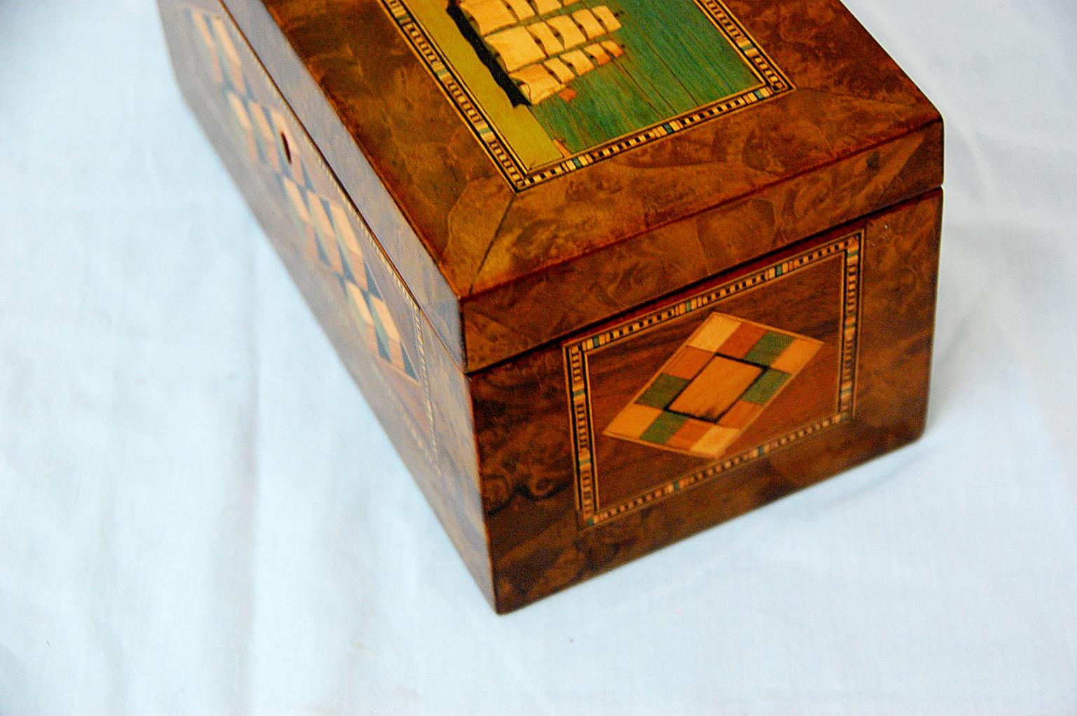Victorian English 19th Century Trinity House Tea Caddy Ship and Perspective Cube Inlay