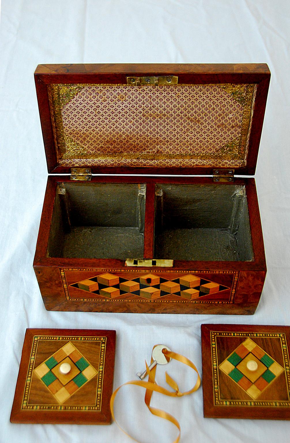 Burl English 19th Century Trinity House Tea Caddy Ship and Perspective Cube Inlay