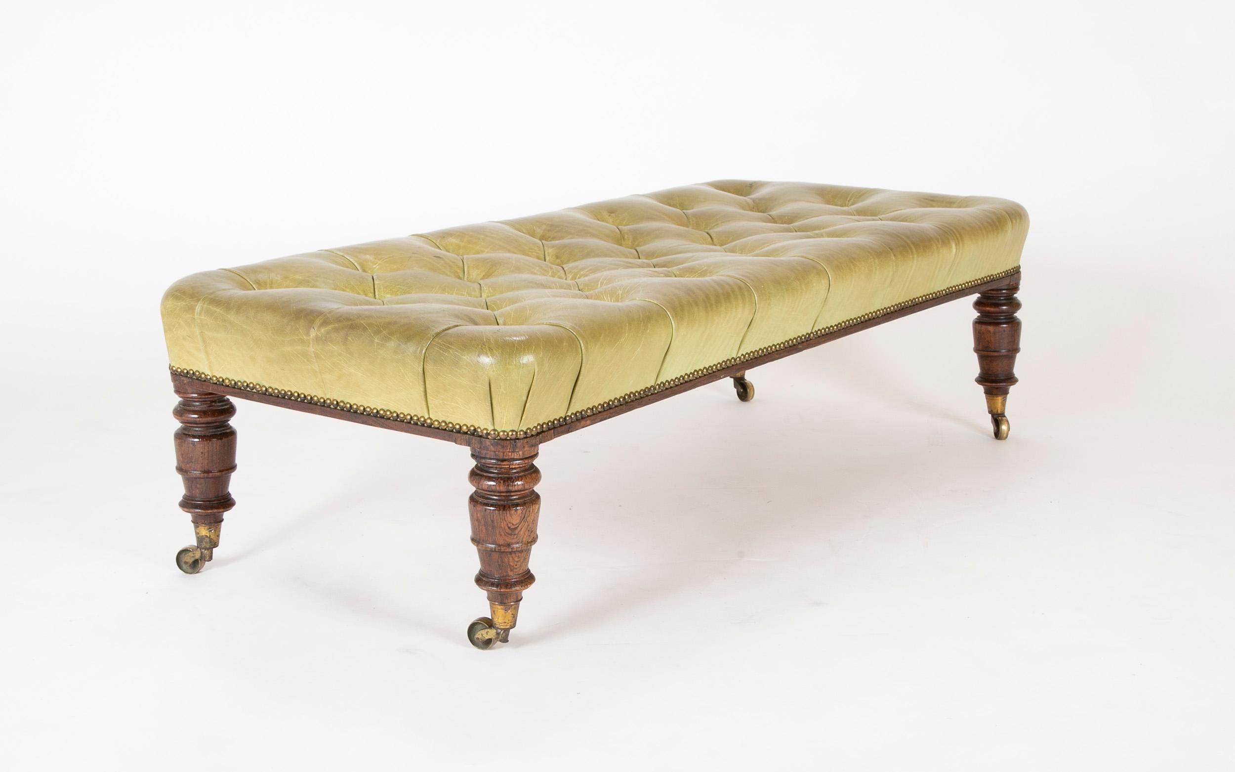 Edwardian English 19th Century Tufted Green Leather and Walnut Bench