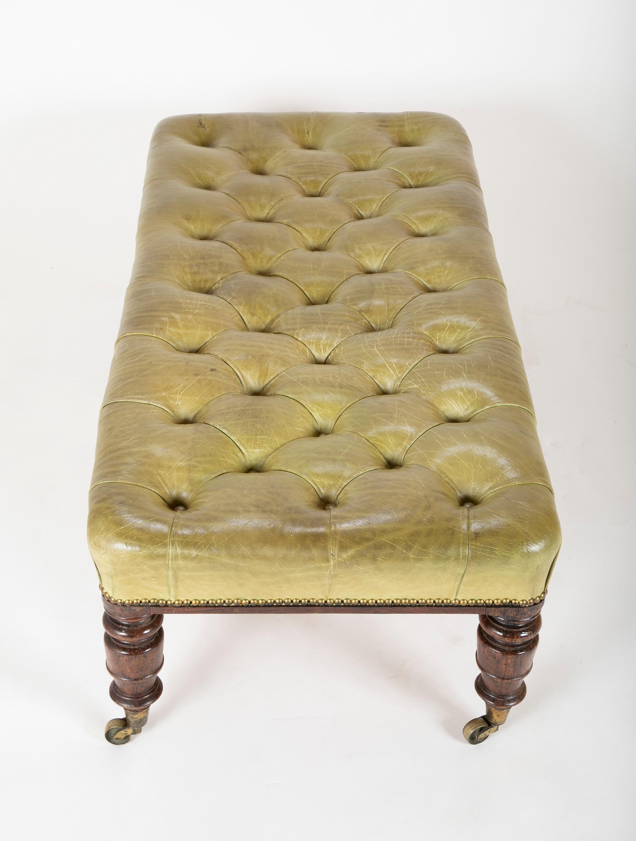 English 19th Century Tufted Green Leather and Walnut Bench 2
