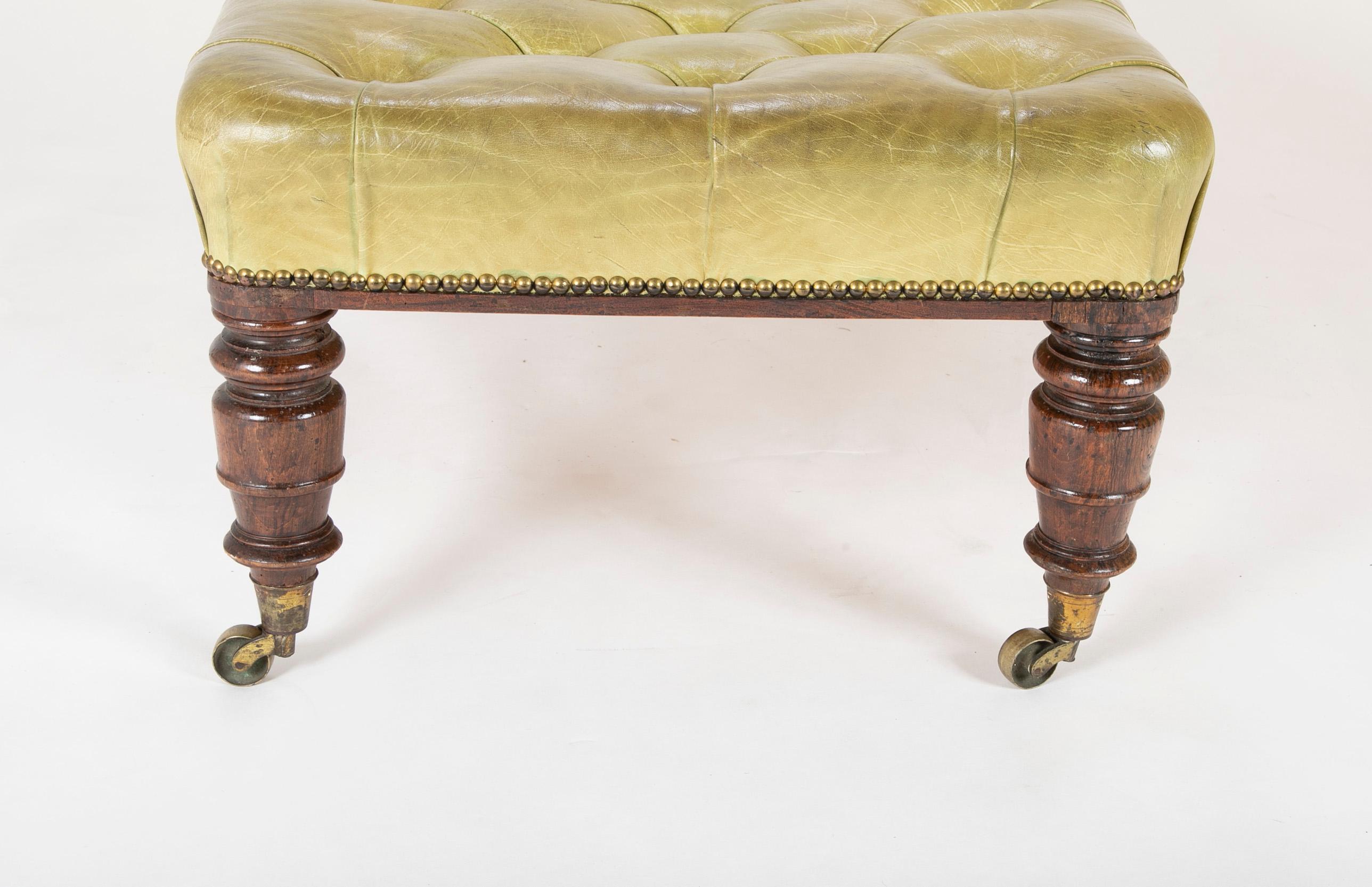 English 19th Century Tufted Green Leather and Walnut Bench 3