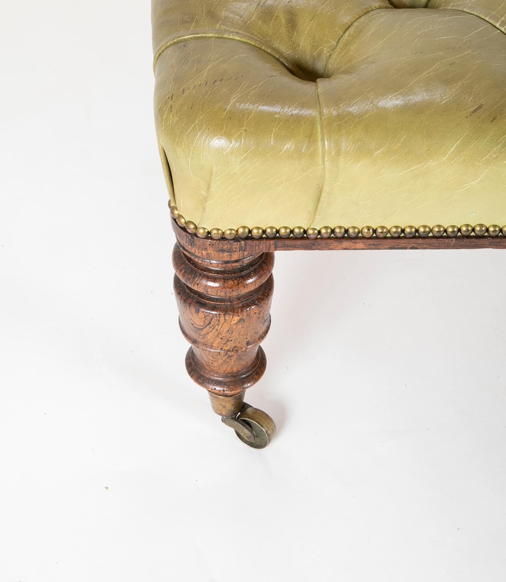 English 19th Century Tufted Green Leather and Walnut Bench 4