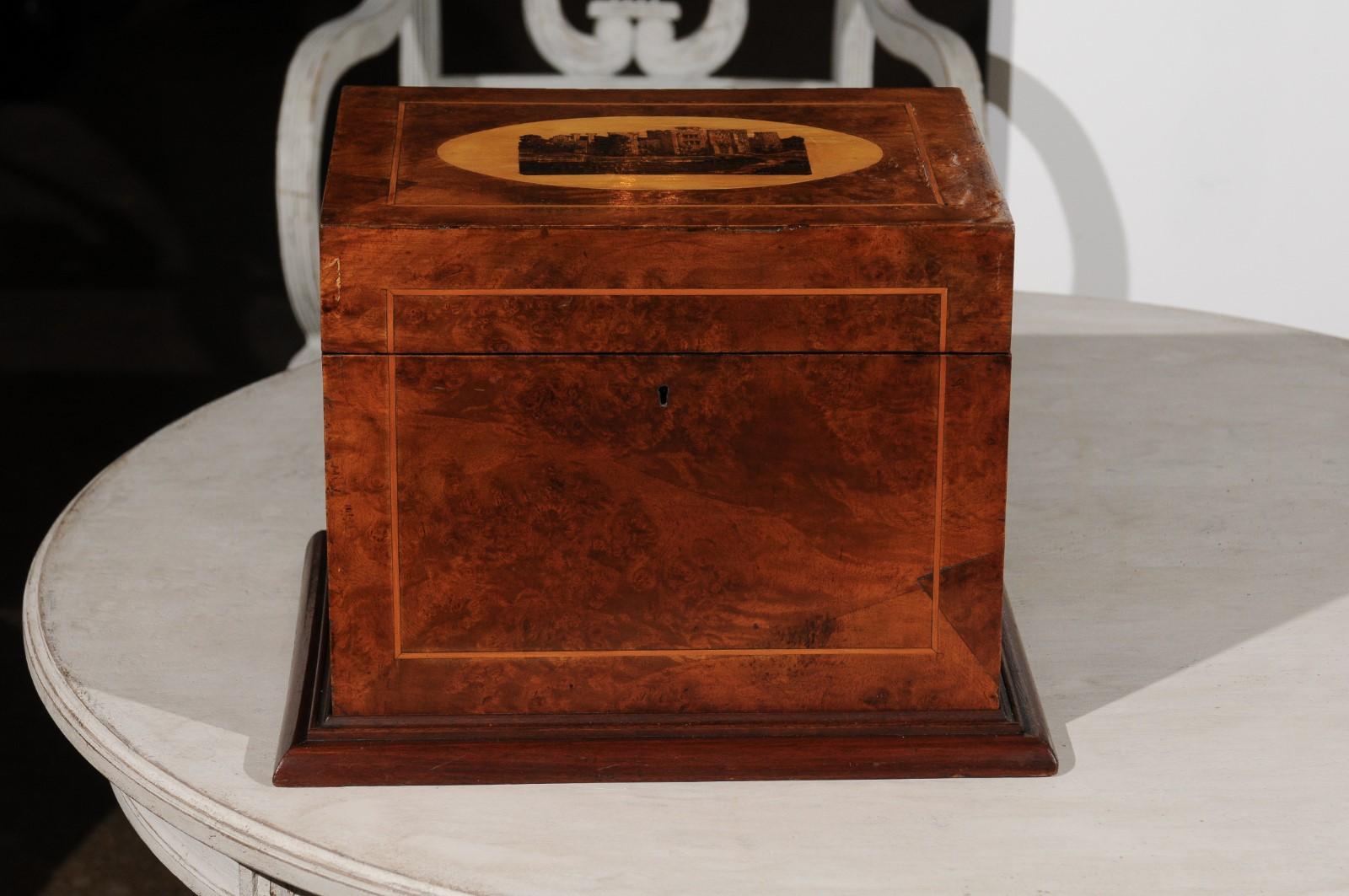 Wood English 19th Century Tunbridge Ware Dresser Top Jewelry Box with Castle Decor