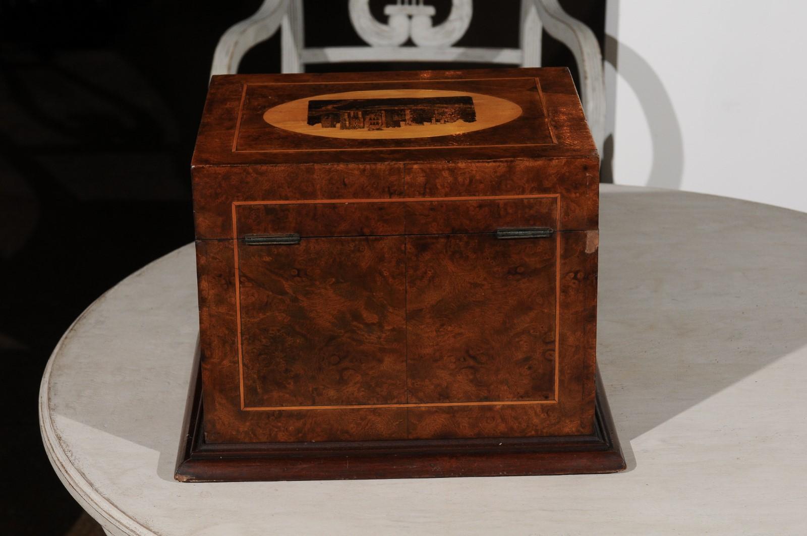 English 19th Century Tunbridge Ware Dresser Top Jewelry Box with Castle Decor 4