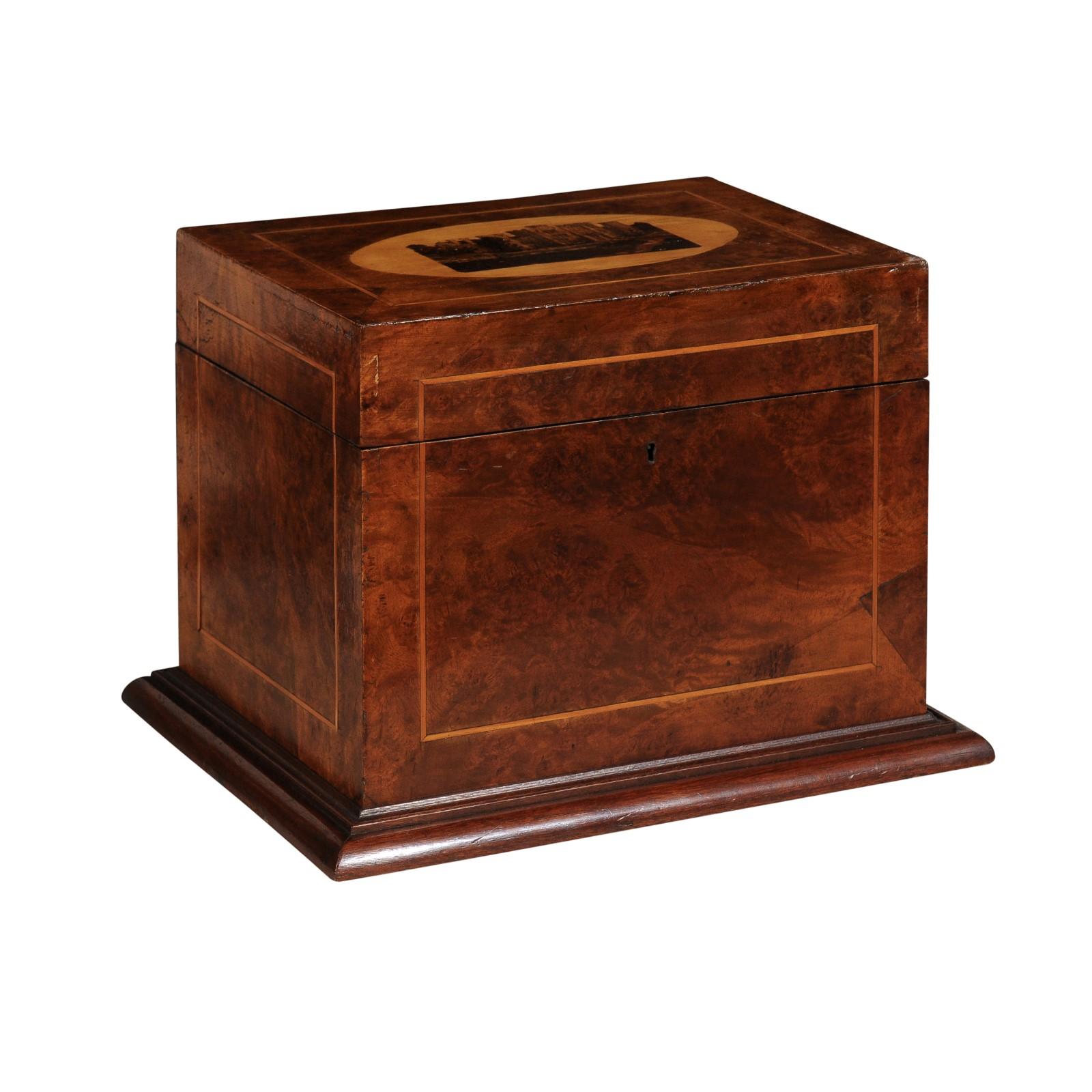 English 19th Century Tunbridge Ware Dresser Top Jewelry Box with Castle Decor