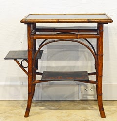 English 19th Century Two-Tier Japanned Lacquered Bamboo Table with Side Shelf