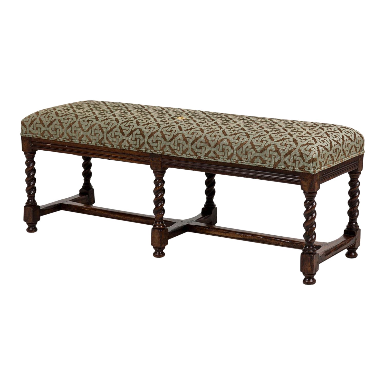 English 19th Century Upholstered Barley Twist Wooden Bench