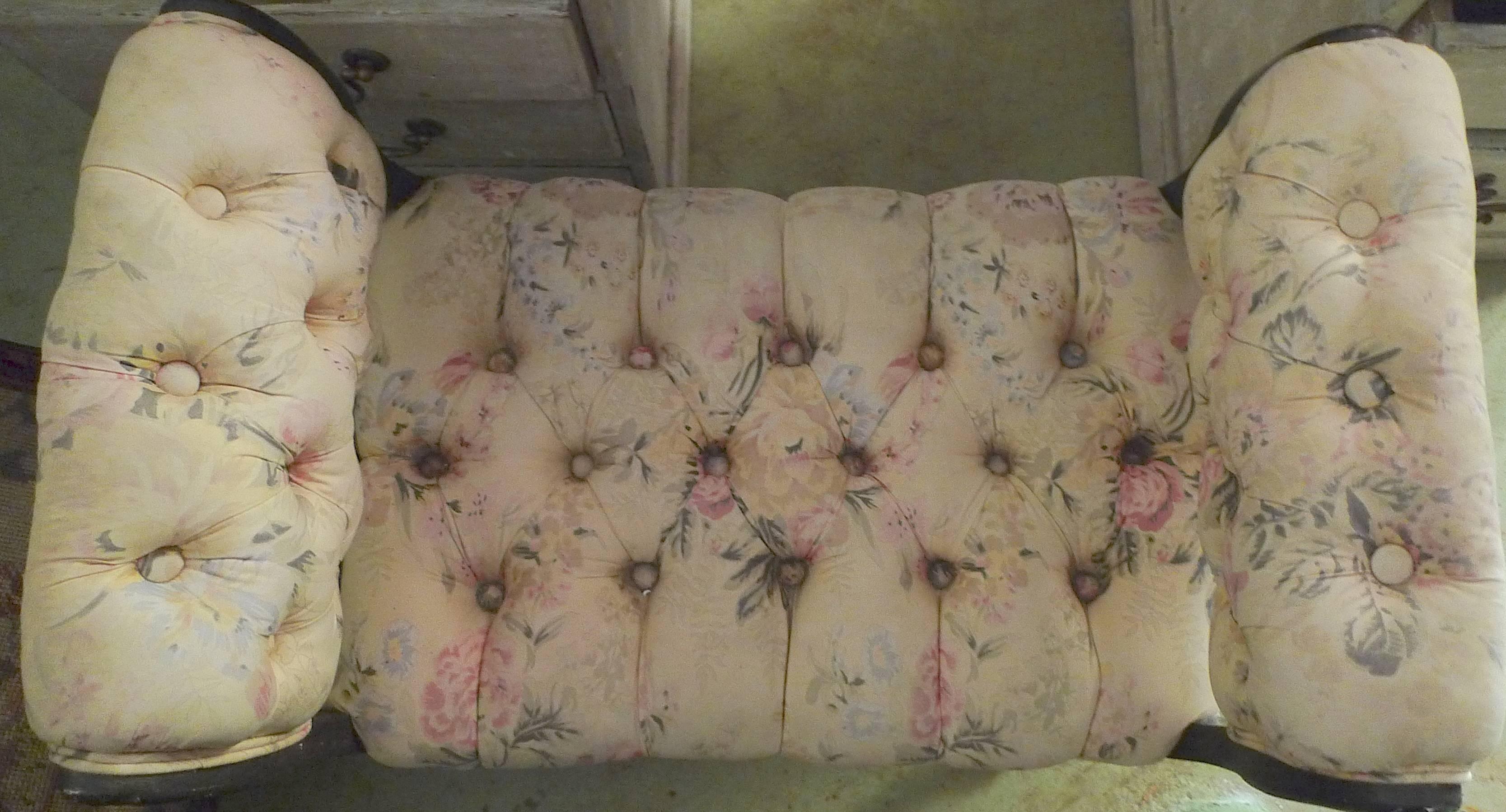 Stained English 19th Century Upholstered Mahogany Vanity Bench with Two Side Armrests