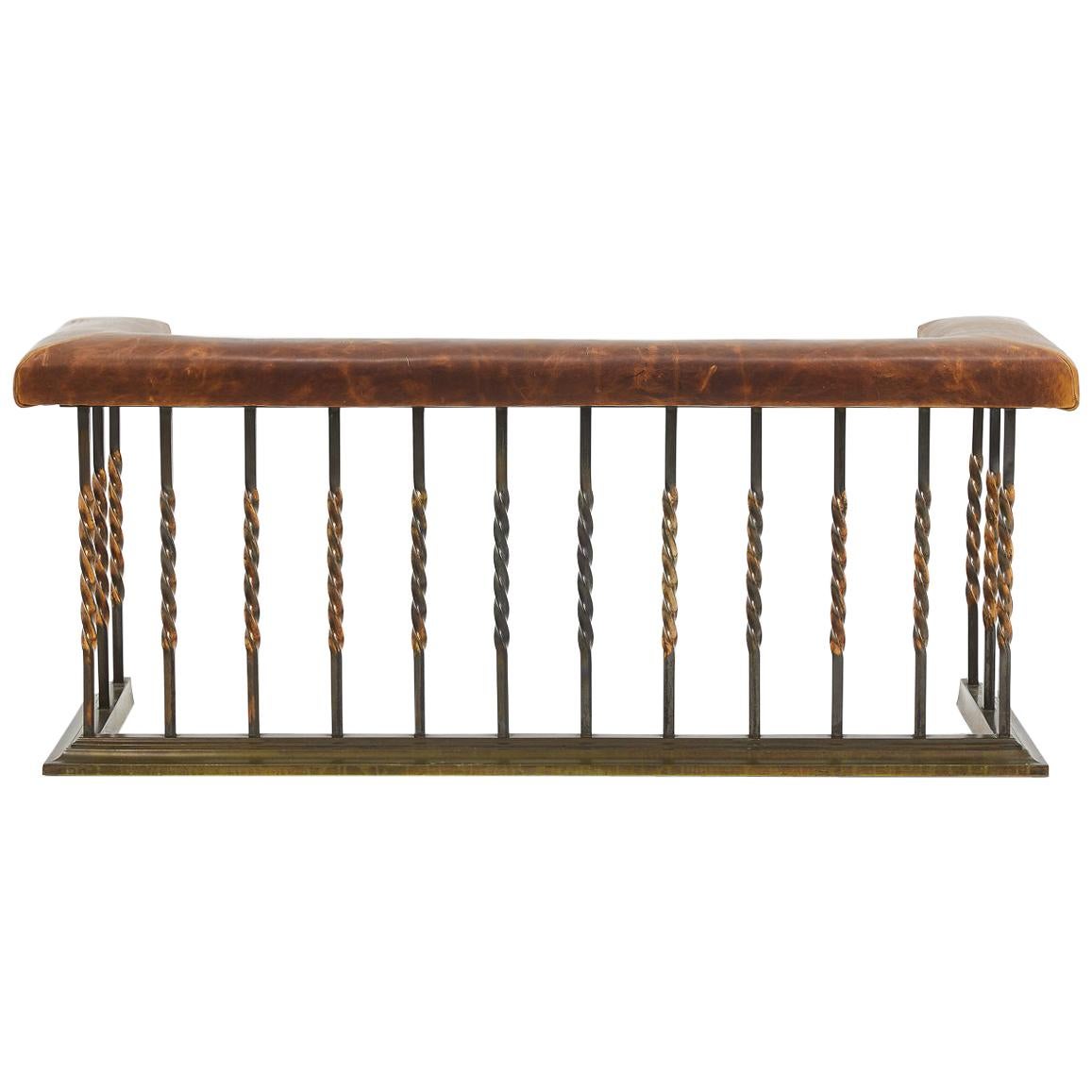 English 19th Century Victorian Brass Fender with Leather Seat