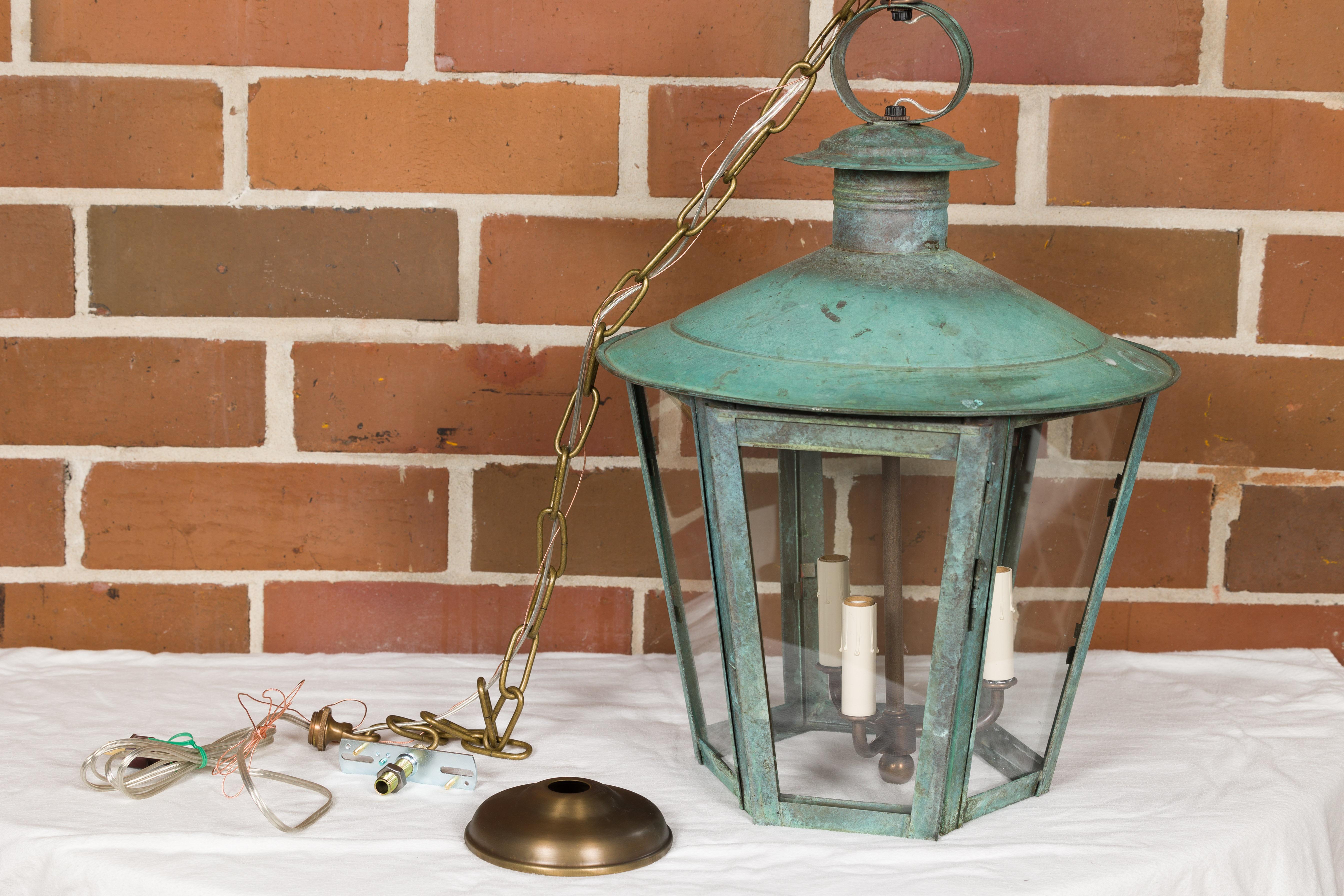 English 19th Century Victorian Period Copper and Glass Three-Light Lantern For Sale 10