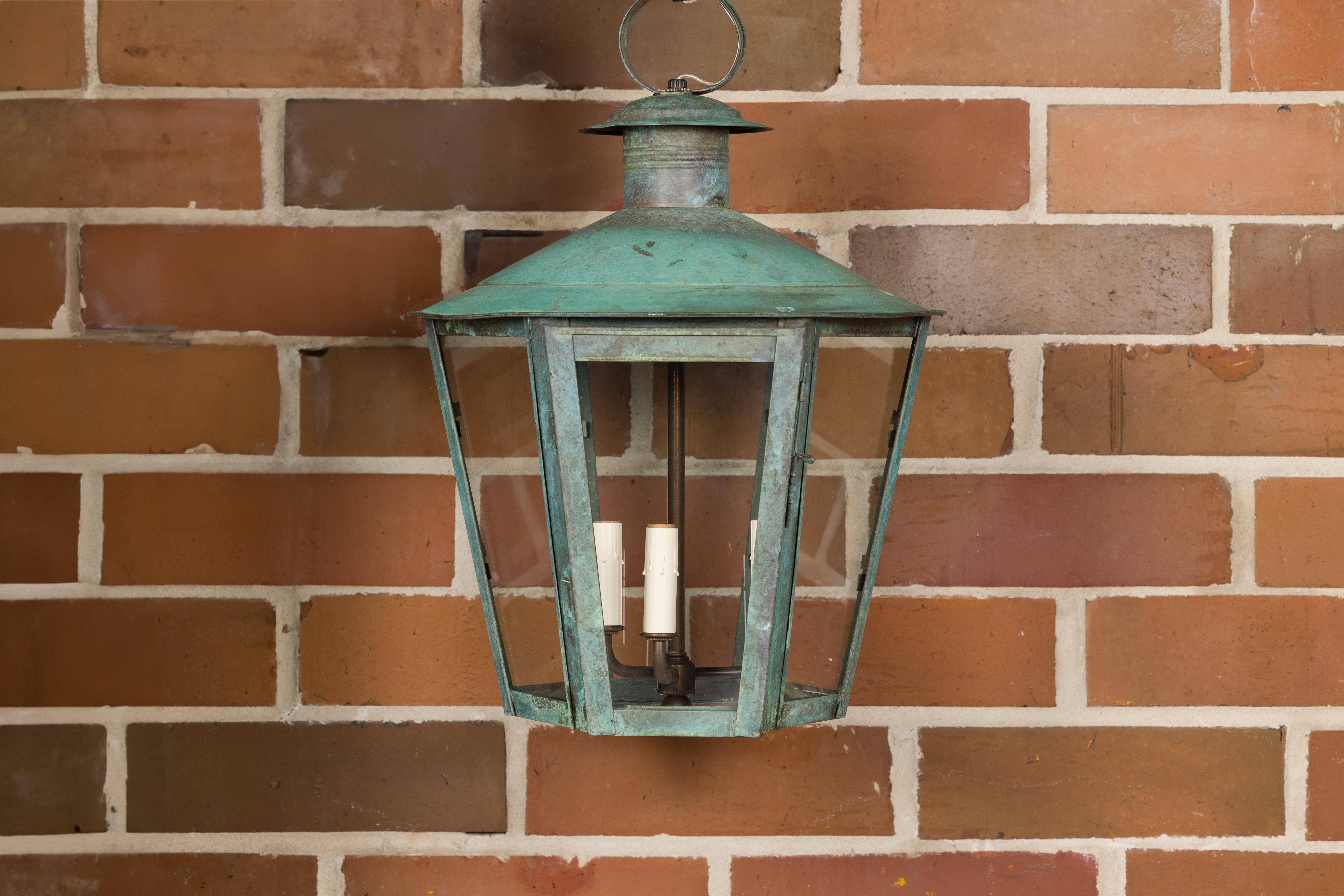 English 19th Century Victorian Period Copper and Glass Three-Light Lantern For Sale 1