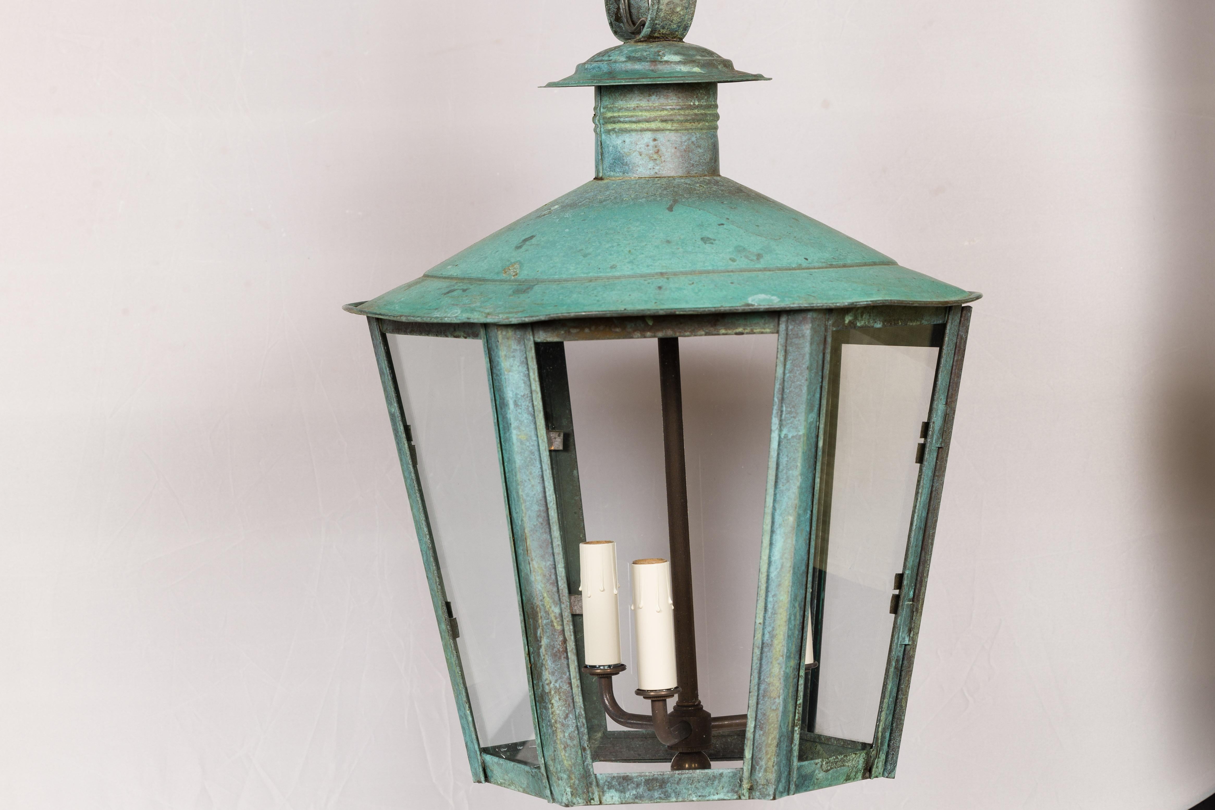 Englische dreiflammige Laterne aus Kupfer und Glas aus der viktorianischen Periode des 19. Jahrhunderts 2