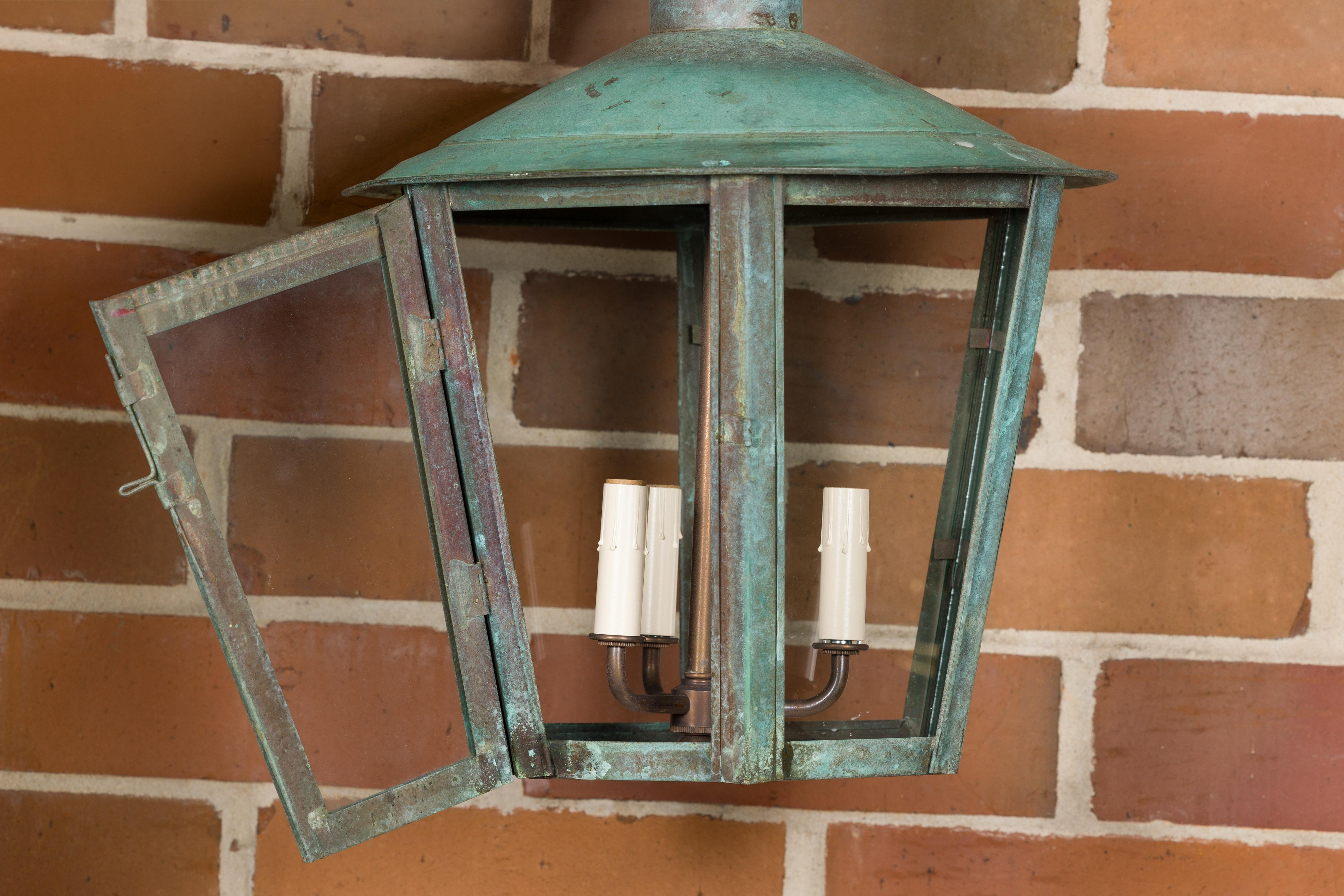 English 19th Century Victorian Period Copper and Glass Three-Light Lantern For Sale 3