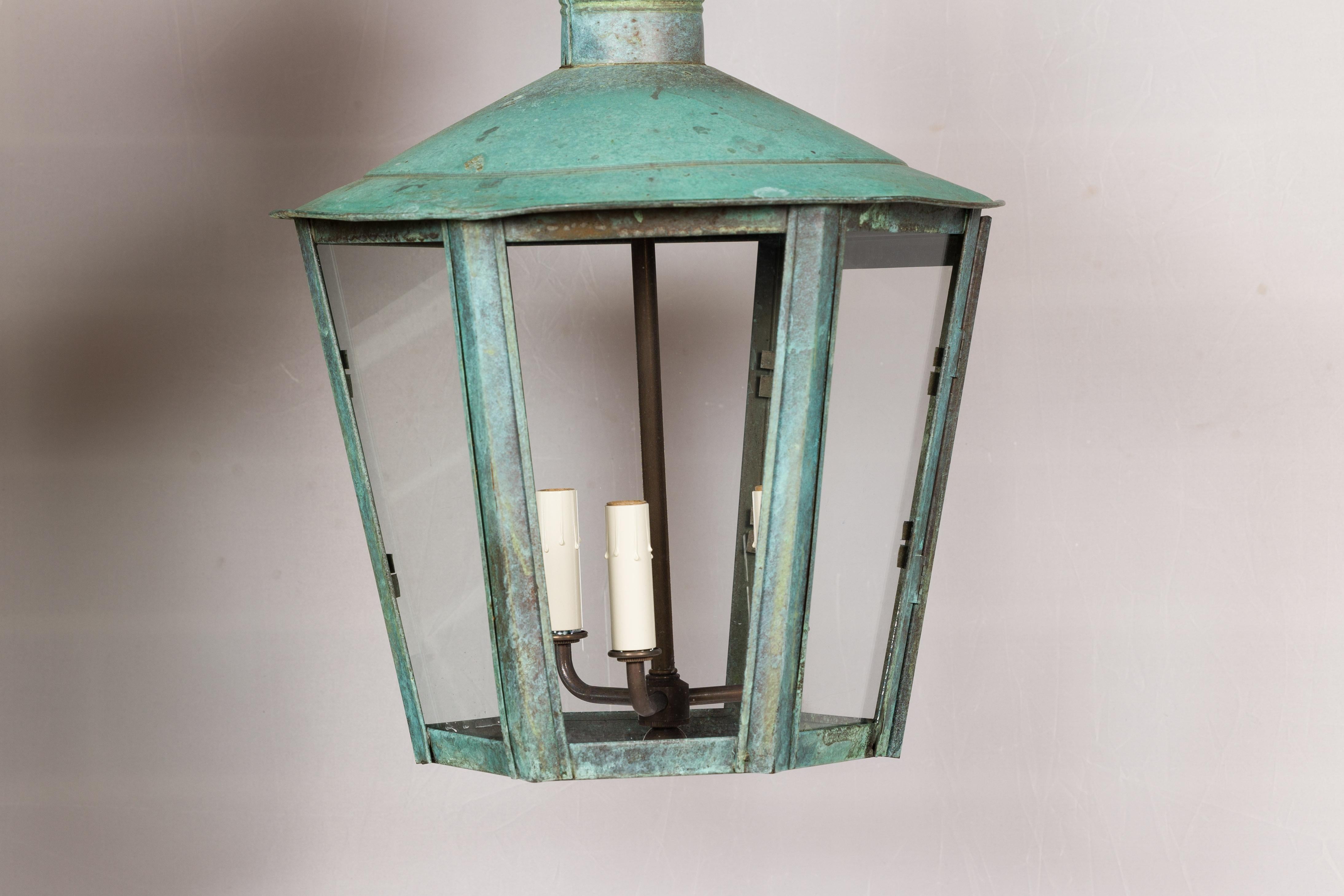 Englische dreiflammige Laterne aus Kupfer und Glas aus der viktorianischen Periode des 19. Jahrhunderts 5
