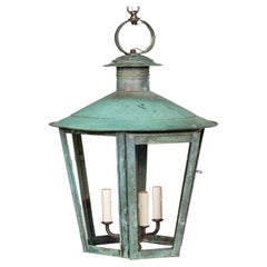 Lanterne à trois lumières anglaise d'époque victorienne du 19e siècle en cuivre et verre