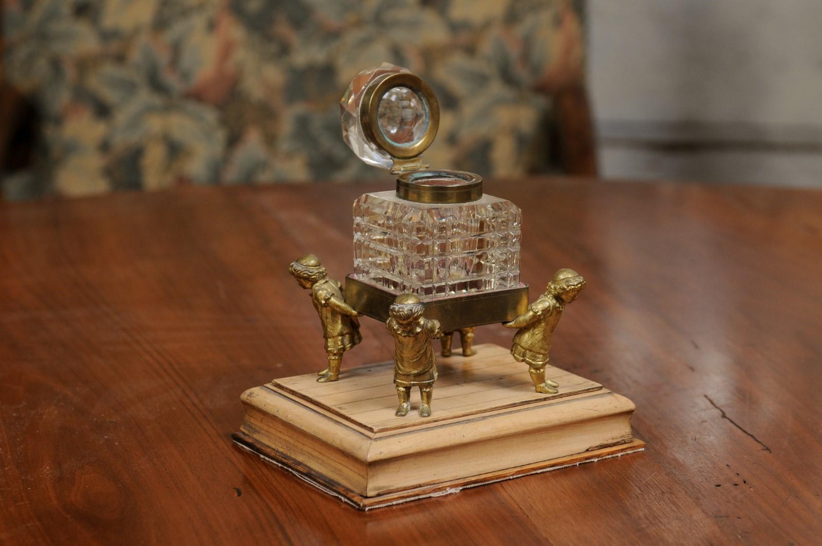 English 19th Century Victorian Period Crystal Inkwell Carried by Four Children For Sale 6