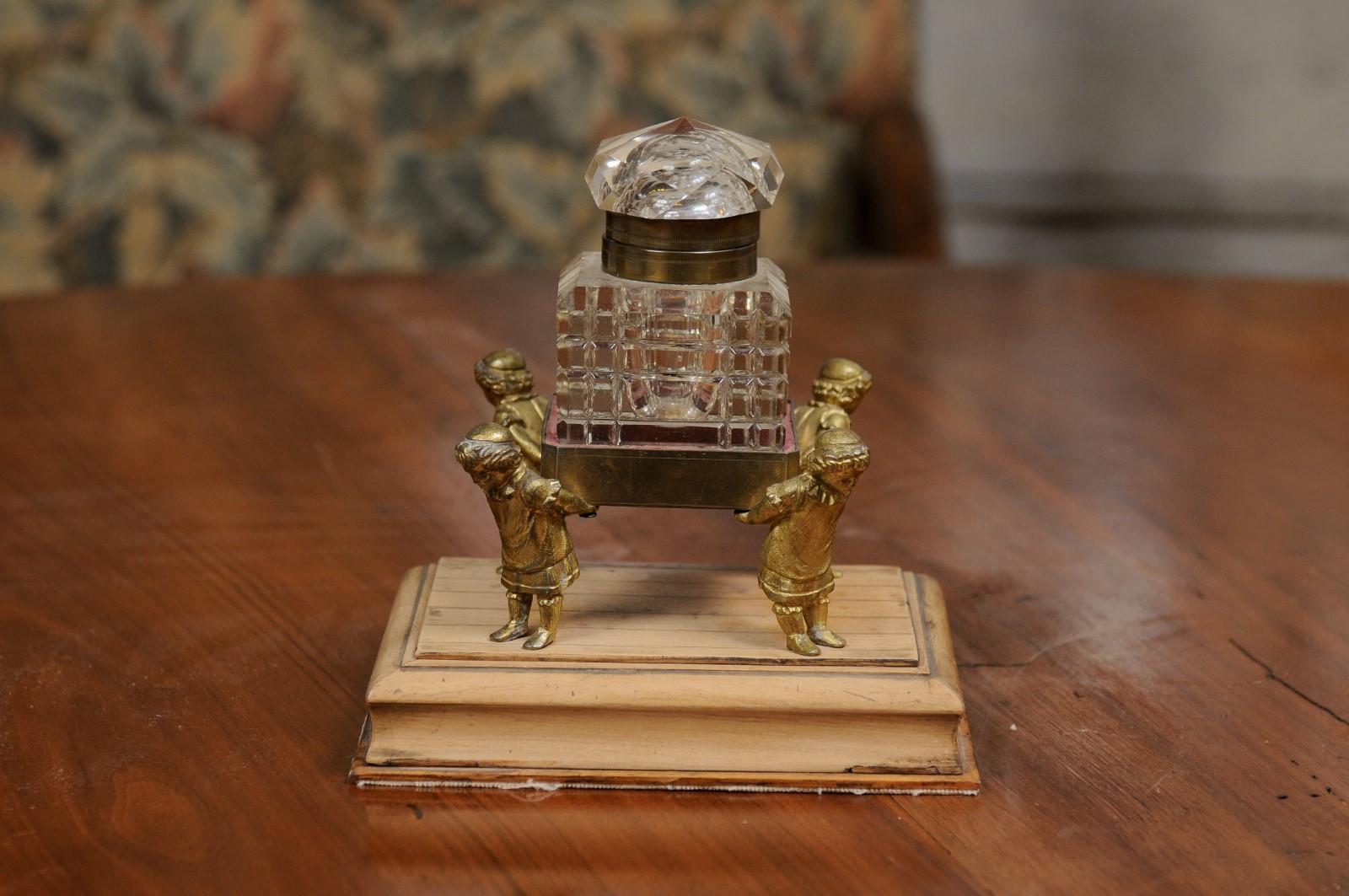 English 19th Century Victorian Period Crystal Inkwell Carried by Four Children In Good Condition For Sale In Atlanta, GA