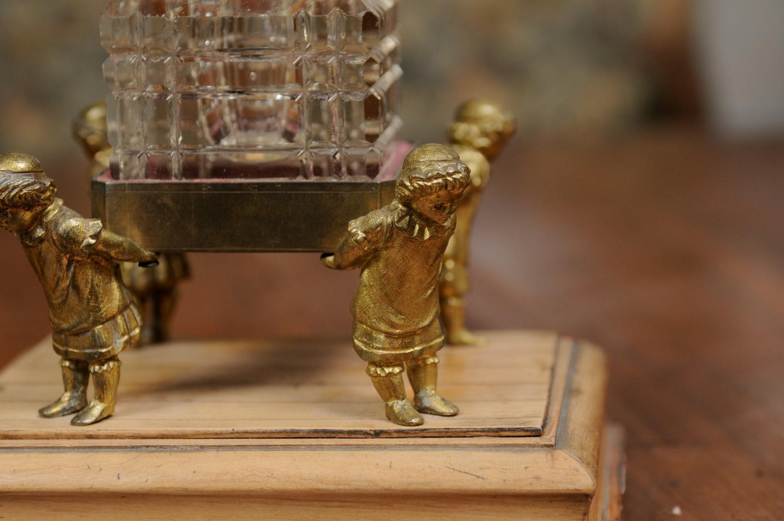 Glass English 19th Century Victorian Period Crystal Inkwell Carried by Four Children For Sale