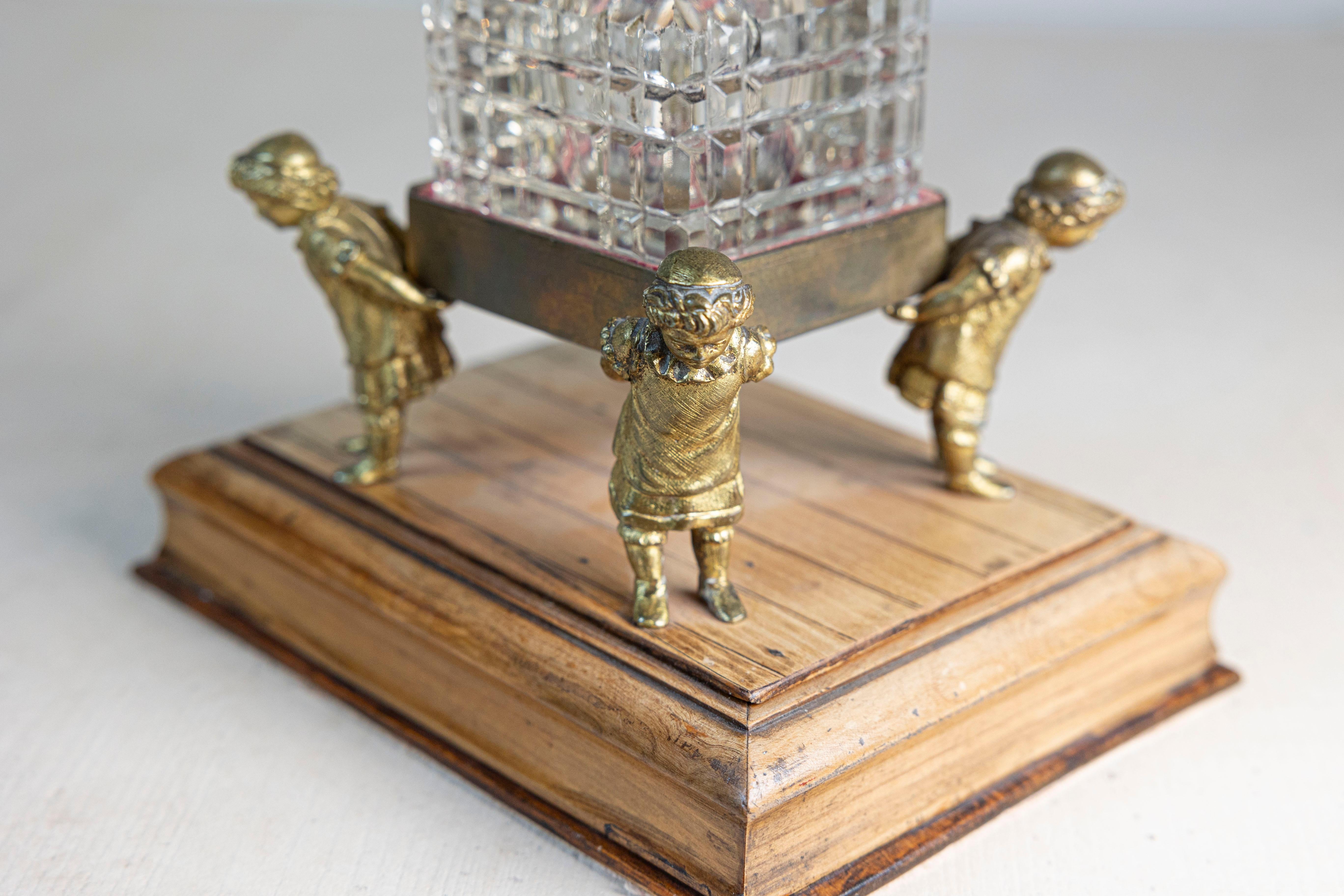 Glass English 19th Century Victorian Period Crystal Inkwell Carried by Four Children For Sale