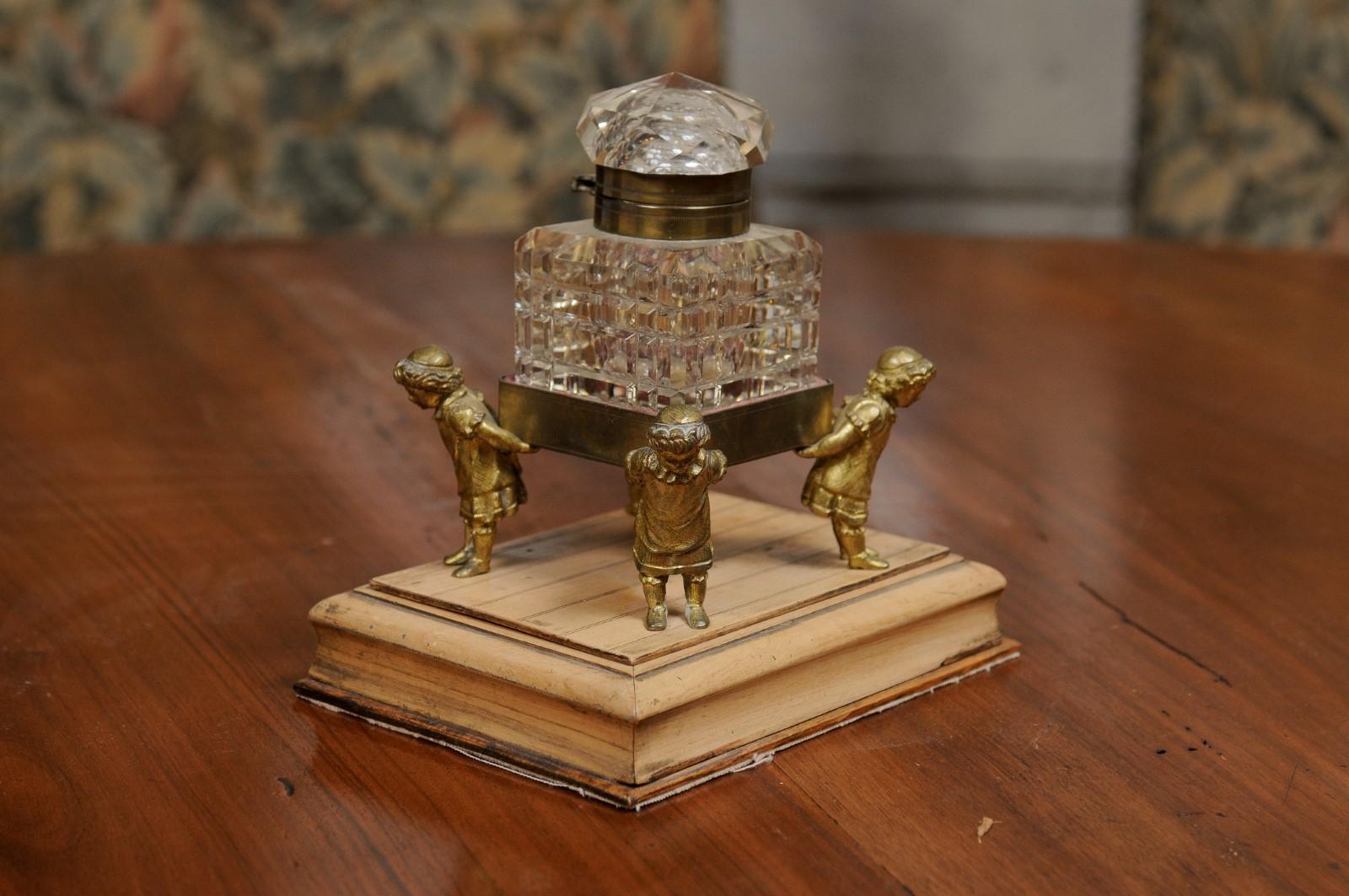 English 19th Century Victorian Period Crystal Inkwell Carried by Four Children For Sale 1