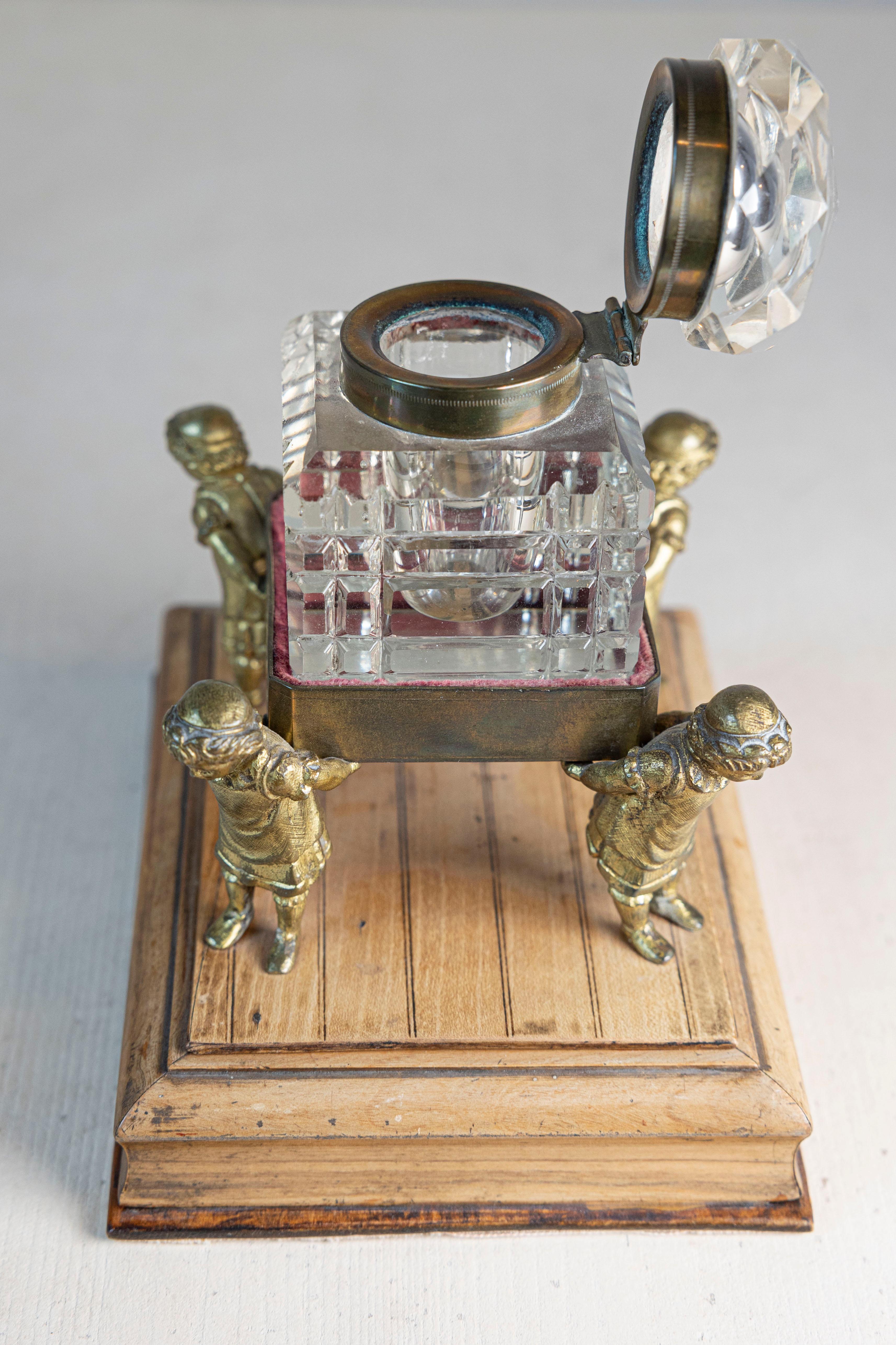 English 19th Century Victorian Period Crystal Inkwell Carried by Four Children For Sale 1