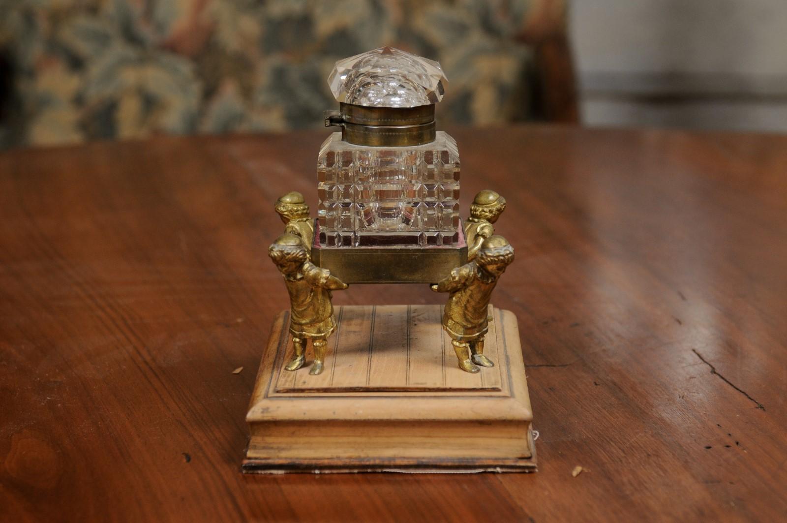 English 19th Century Victorian Period Crystal Inkwell Carried by Four Children For Sale 2