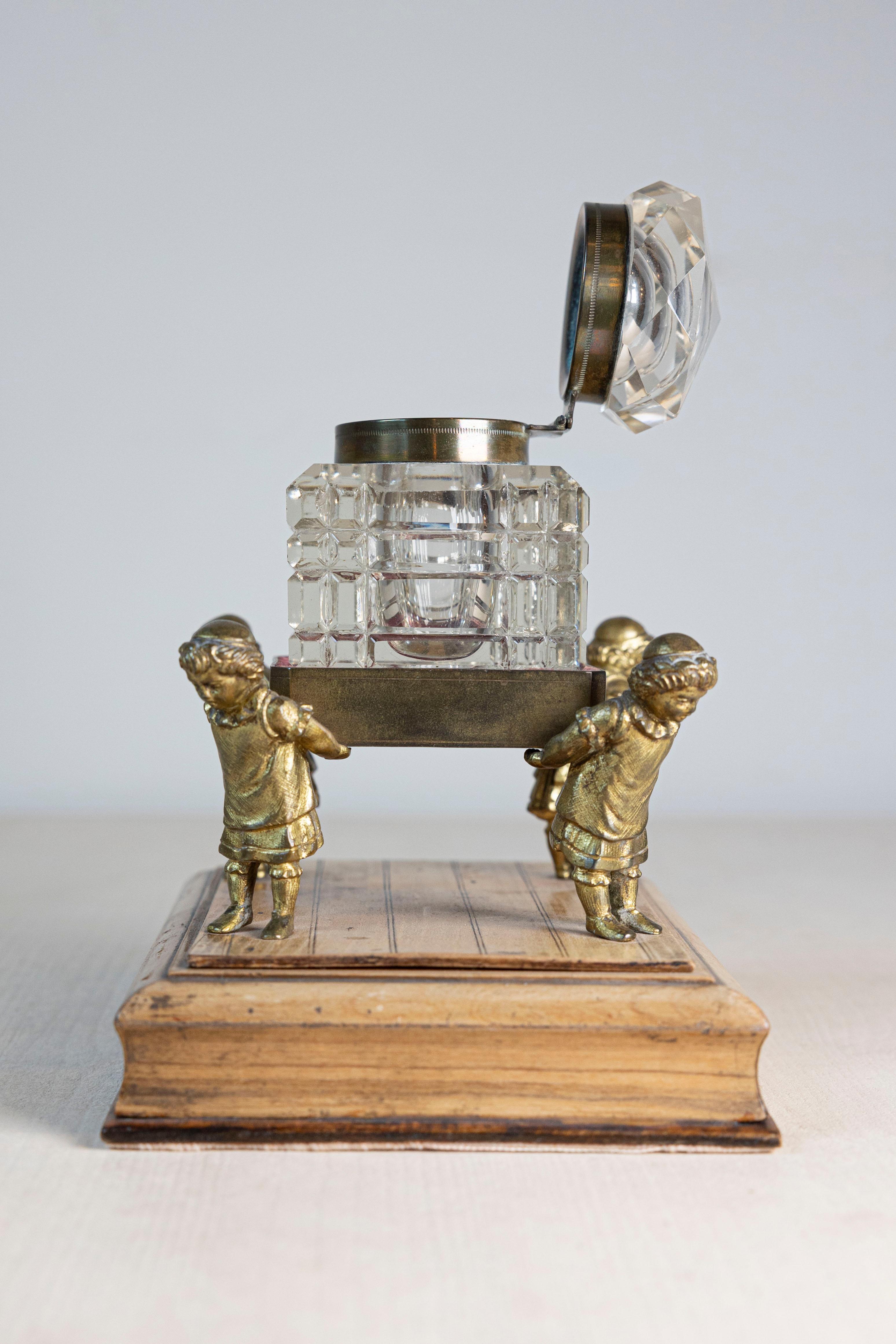 English 19th Century Victorian Period Crystal Inkwell Carried by Four Children For Sale 2