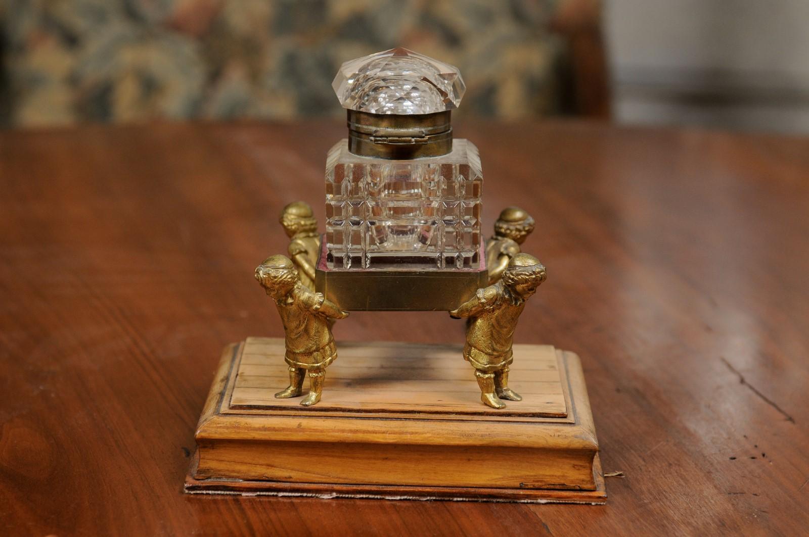 English 19th Century Victorian Period Crystal Inkwell Carried by Four Children For Sale 3
