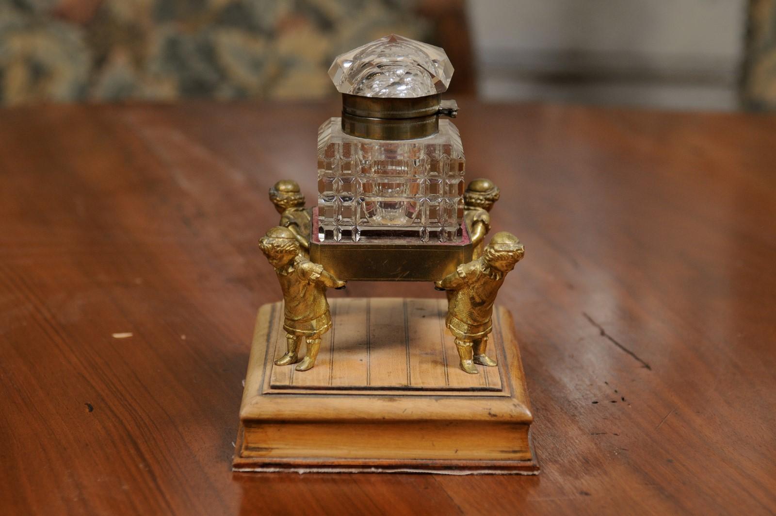 English 19th Century Victorian Period Crystal Inkwell Carried by Four Children For Sale 4