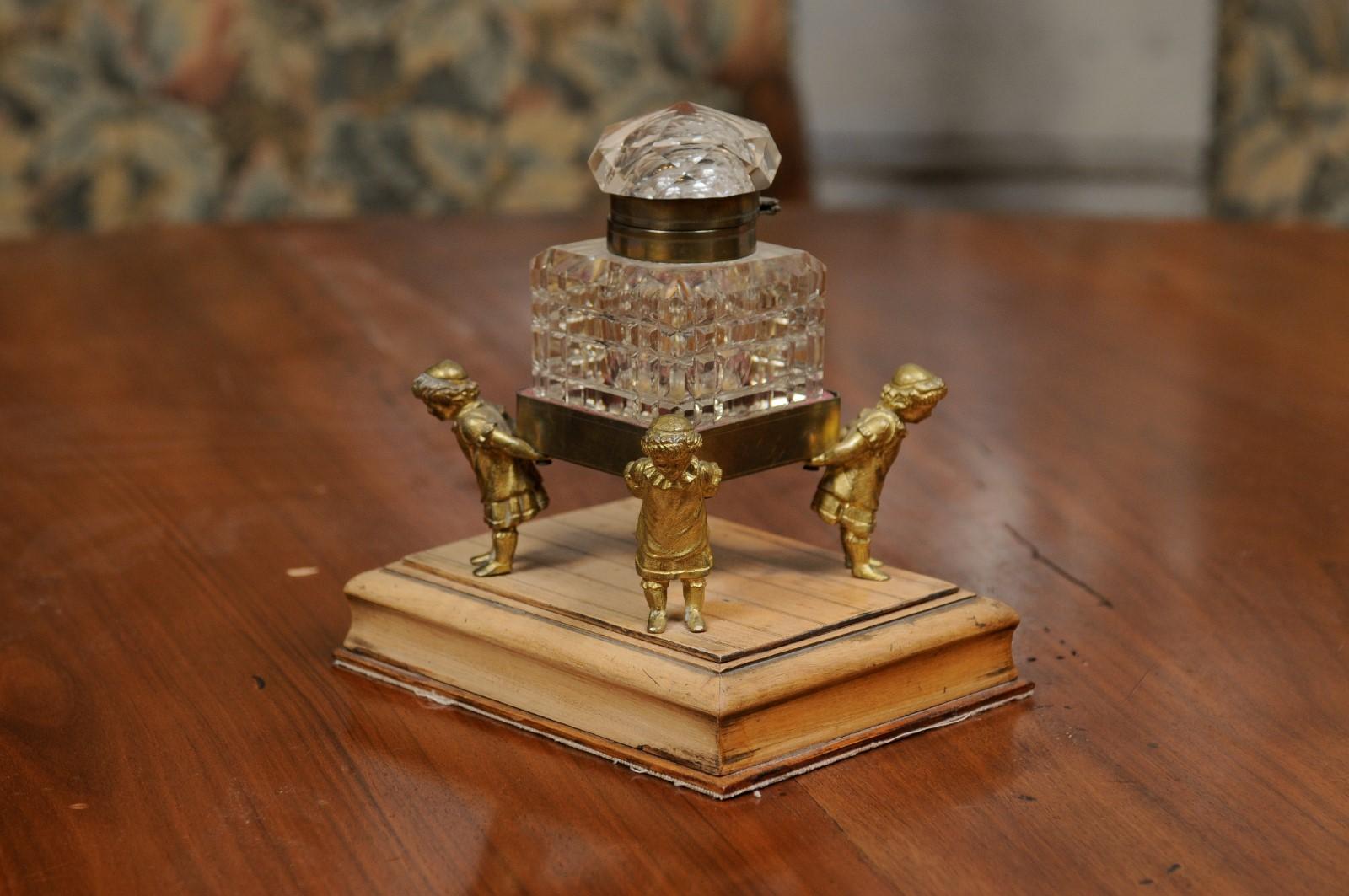 English 19th Century Victorian Period Crystal Inkwell Carried by Four Children For Sale 5