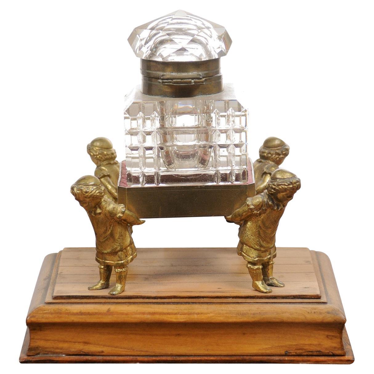 English 19th Century Victorian Period Crystal Inkwell Carried by Four Children