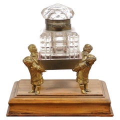 Antique English 19th Century Victorian Period Crystal Inkwell Carried by Four Children