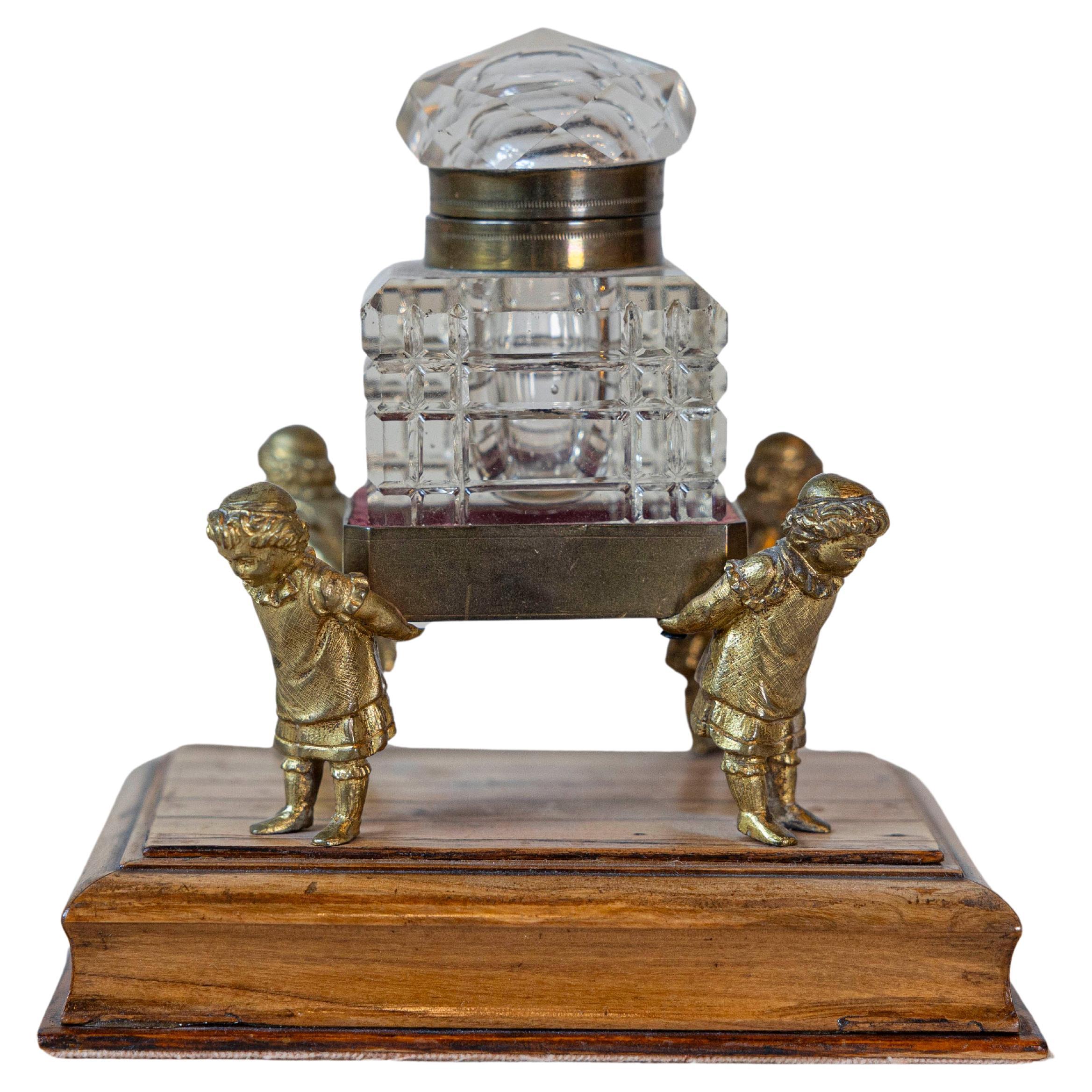 English 19th Century Victorian Period Crystal Inkwell Carried by Four Children