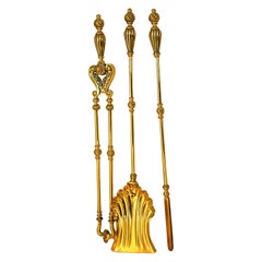 Antique English 19th Century Victorian Set of Three Brass Firetools, Dated 1889