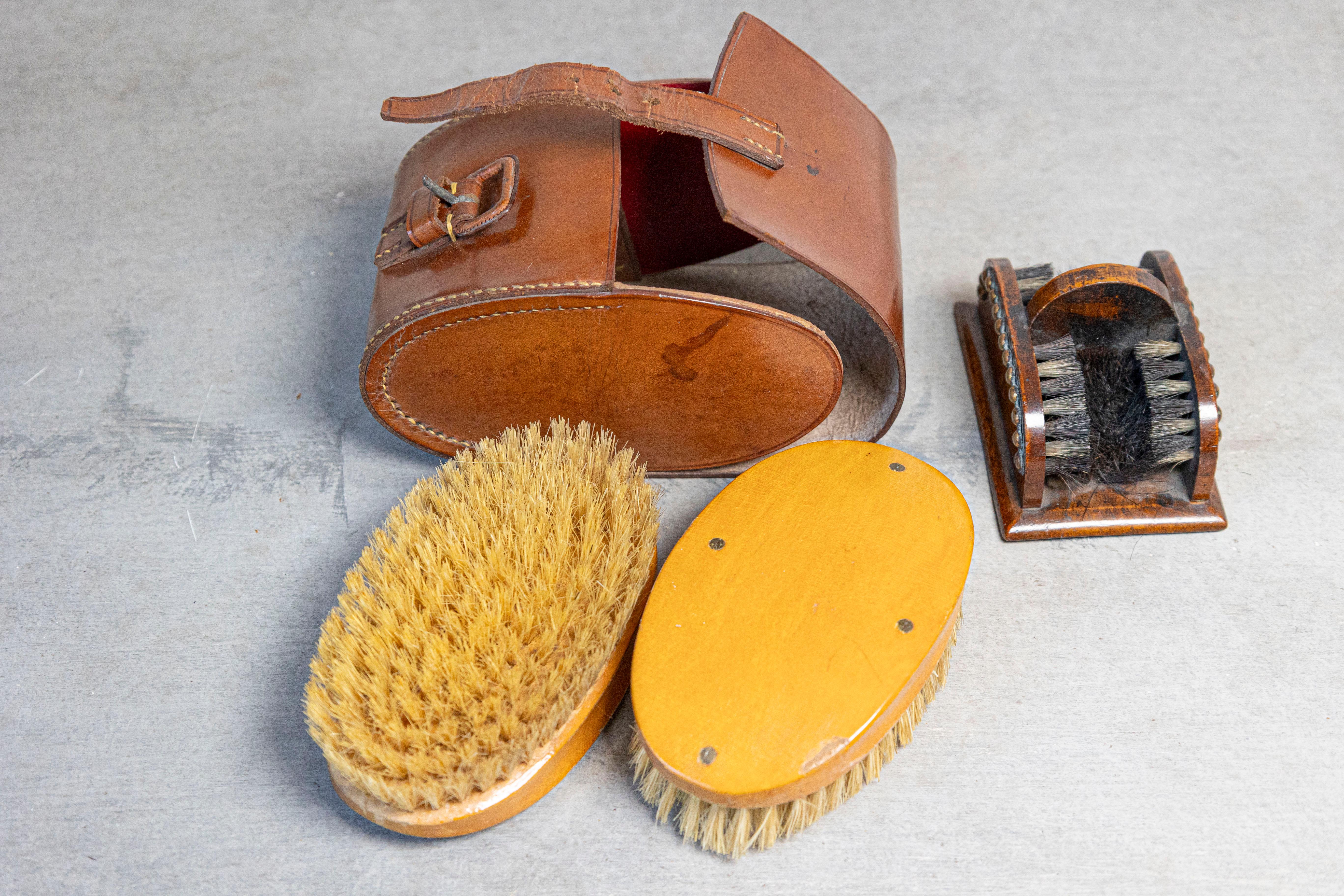 Brass English 19th Century Victorian Shoe Care Set with Original Leather Case For Sale