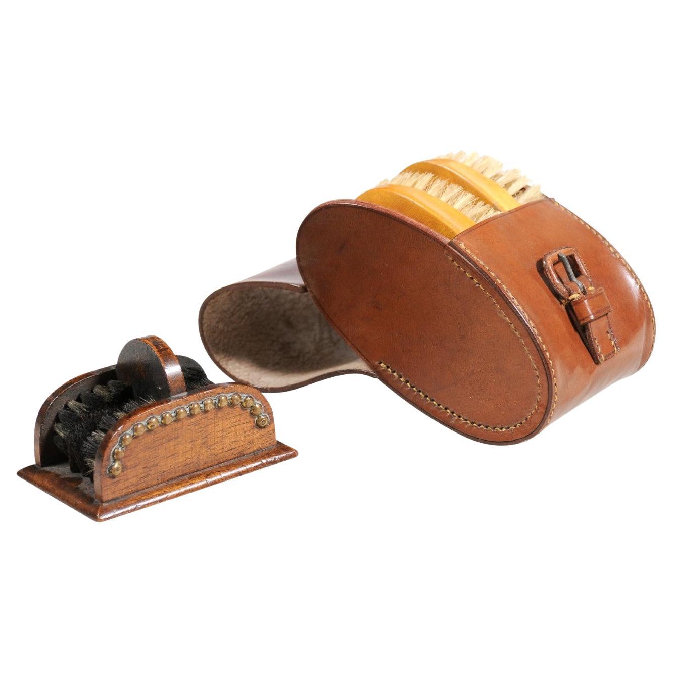 Ensemble d'entretien de chaussures victorien anglais du 19ème siècle avec étui en cuir d'origine
