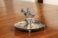 English 19th Century Victorian Silver Ring Tray with Rooster and Chicken Motifs