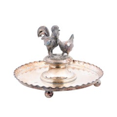 English 19th Century Victorian Silver Ring Tray with Rooster and Chicken Motifs