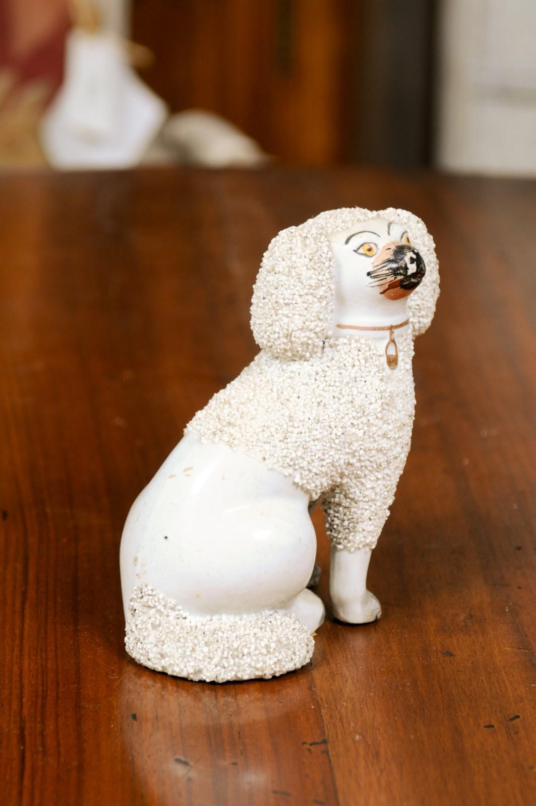 English 19th Century Victorian Split Leg Staffordshire Dog with White Coat For Sale 7
