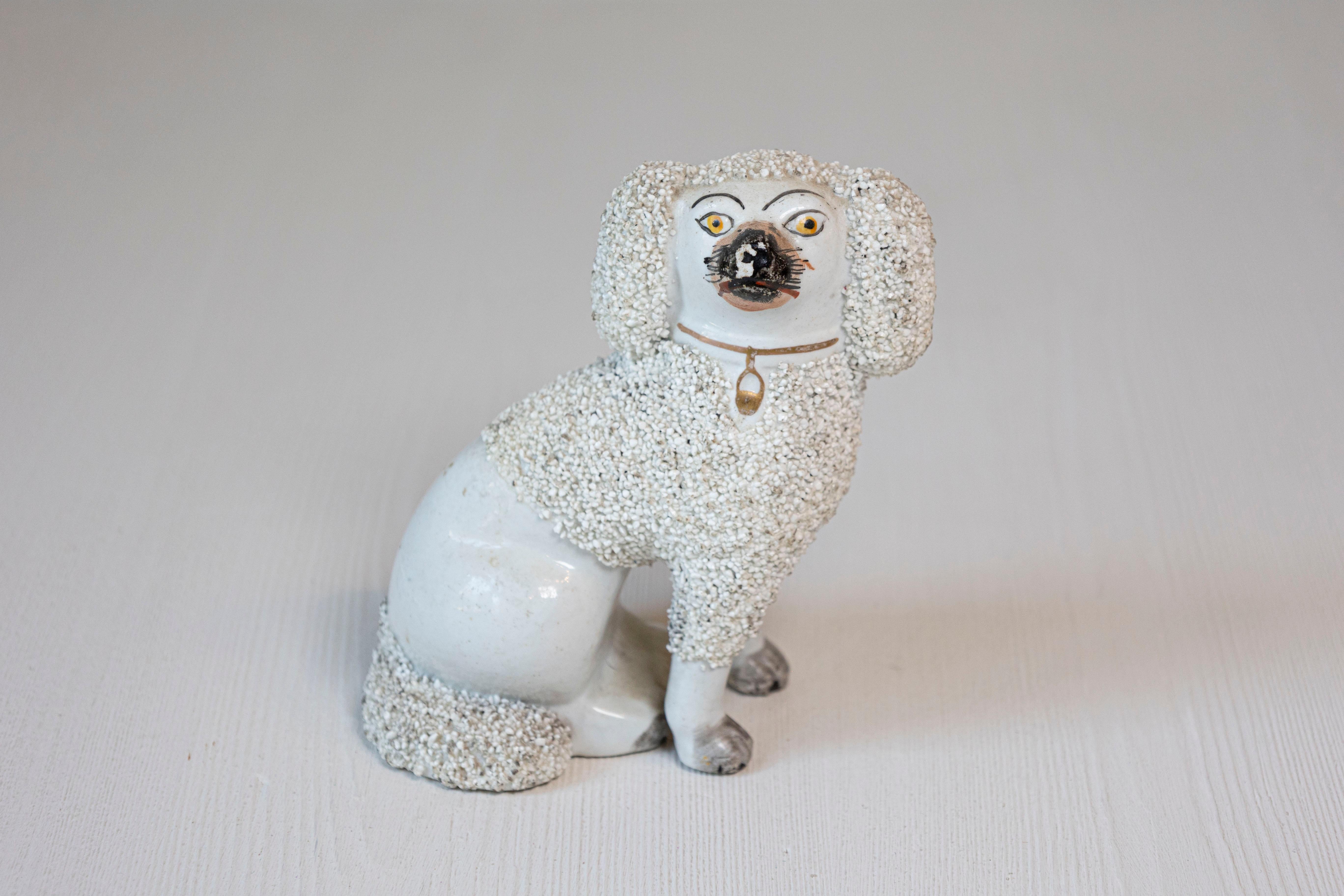 Hand-Painted English 19th Century Victorian Split Leg Staffordshire Dog with White Coat For Sale