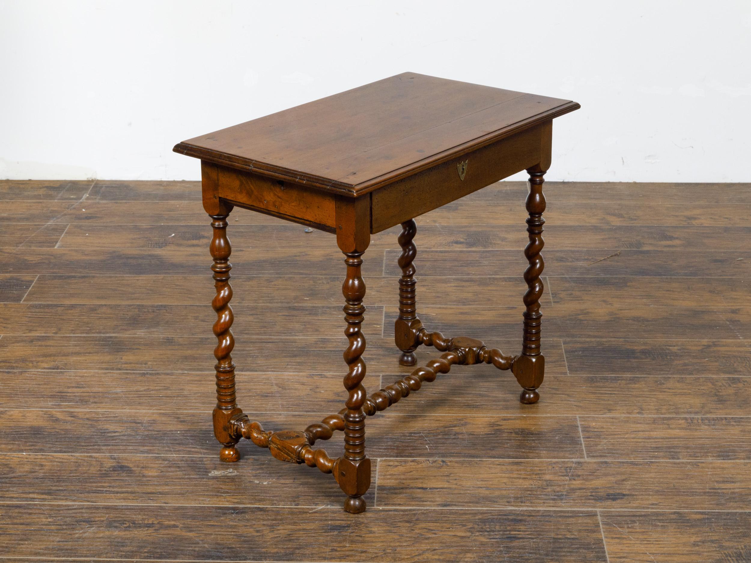 Turned English 19th Century Walnut Barley Twist Side Table with Drawer and Stretcher