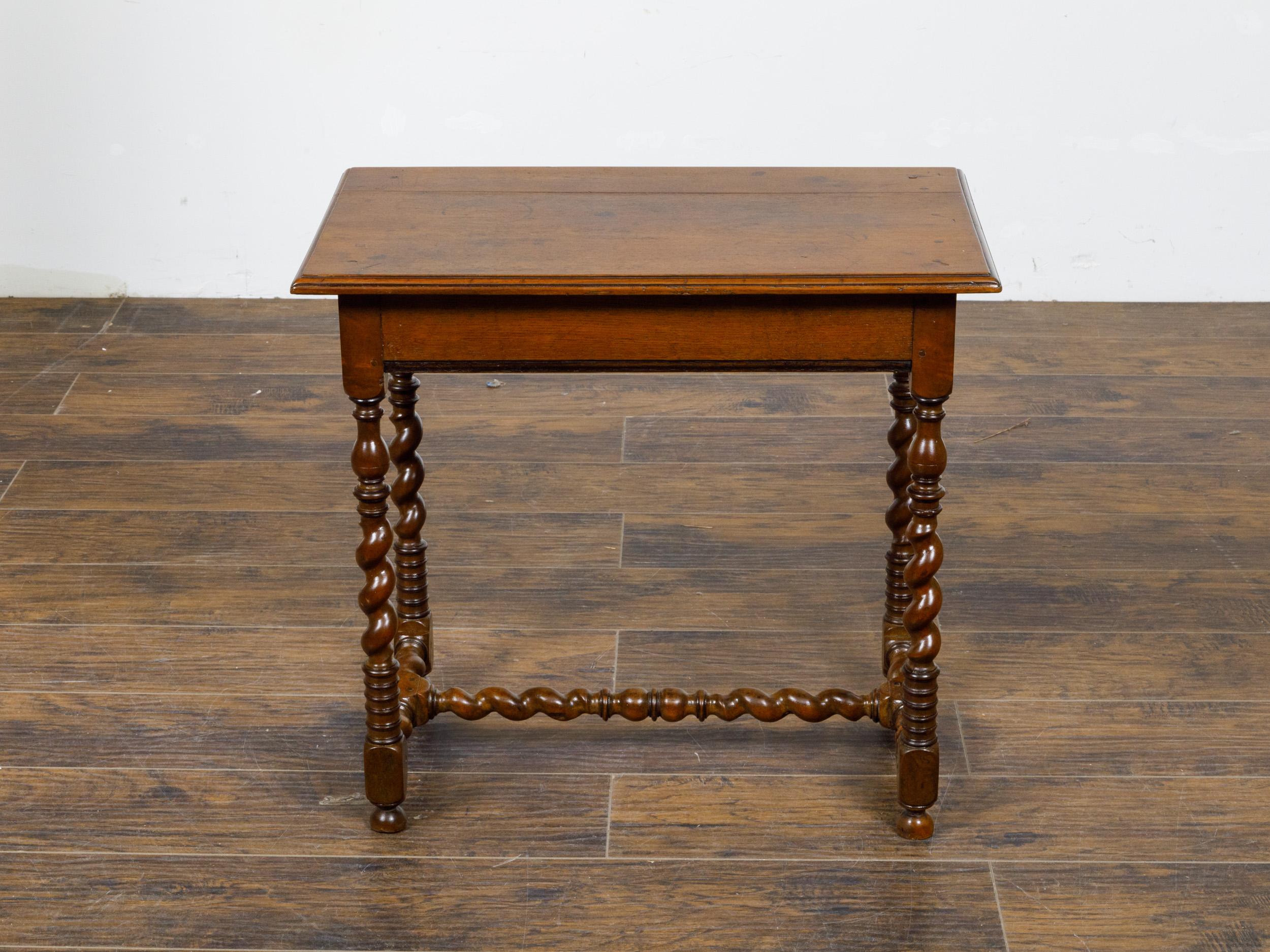 Brass English 19th Century Walnut Barley Twist Side Table with Drawer and Stretcher
