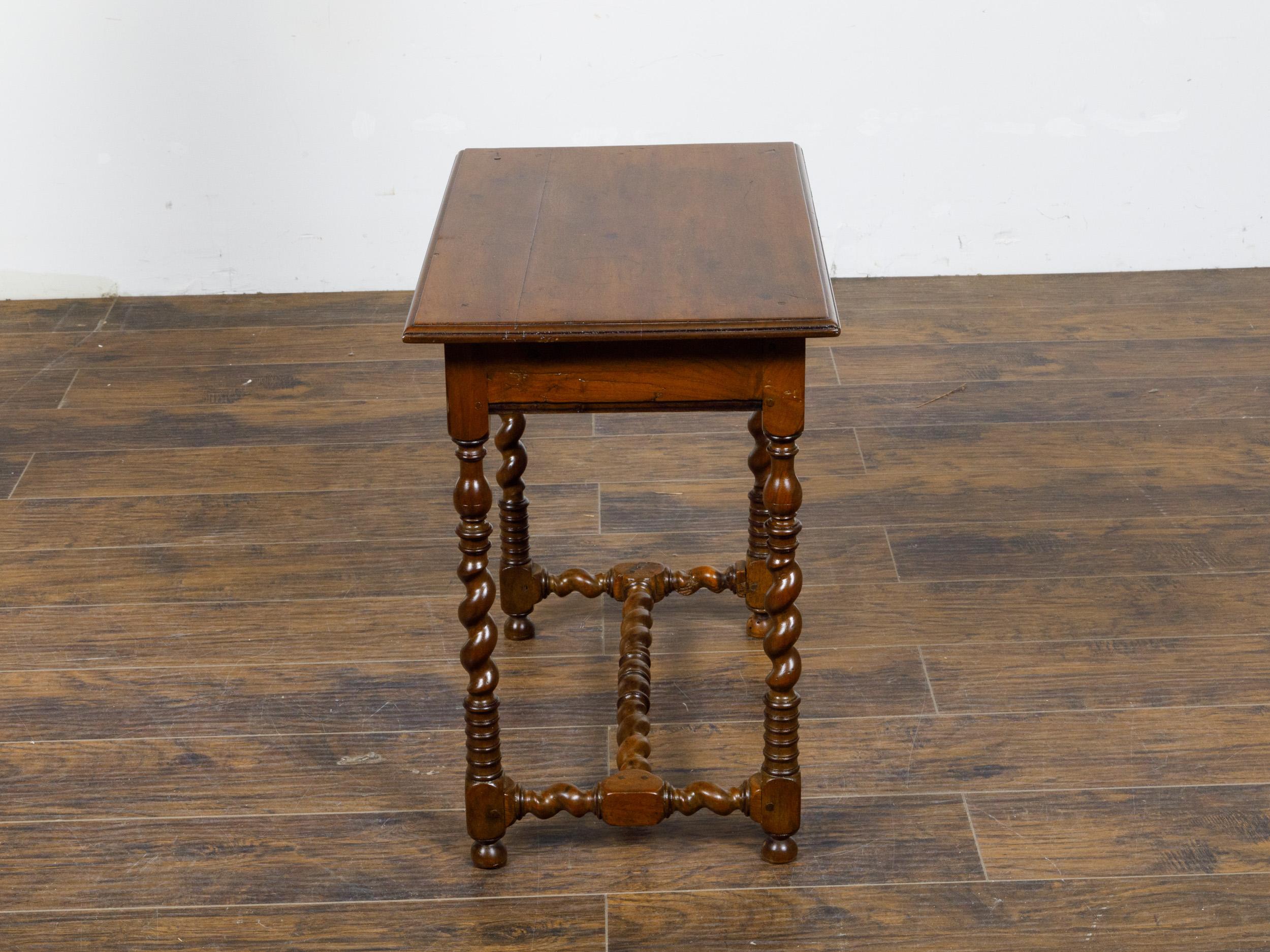 English 19th Century Walnut Barley Twist Side Table with Drawer and Stretcher 1