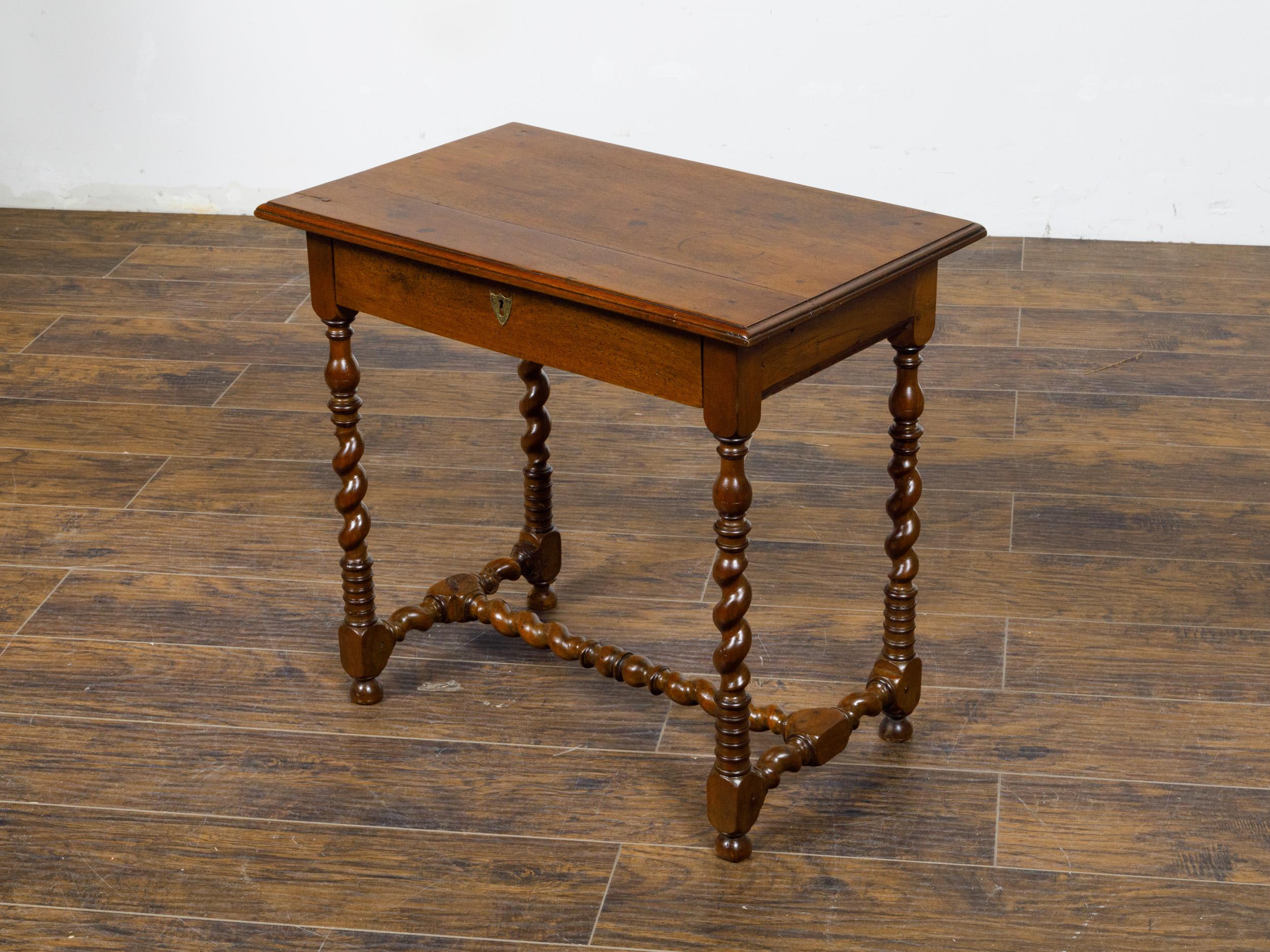 English 19th Century Walnut Barley Twist Side Table with Drawer and Stretcher 2