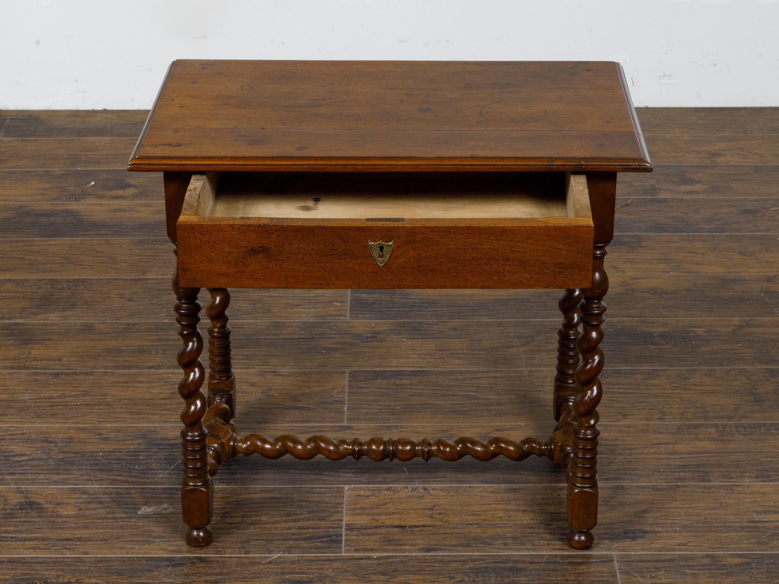 English 19th Century Walnut Barley Twist Side Table with Drawer and Stretcher 3