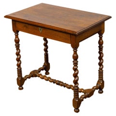 Antique English 19th Century Walnut Barley Twist Side Table with Drawer and Stretcher